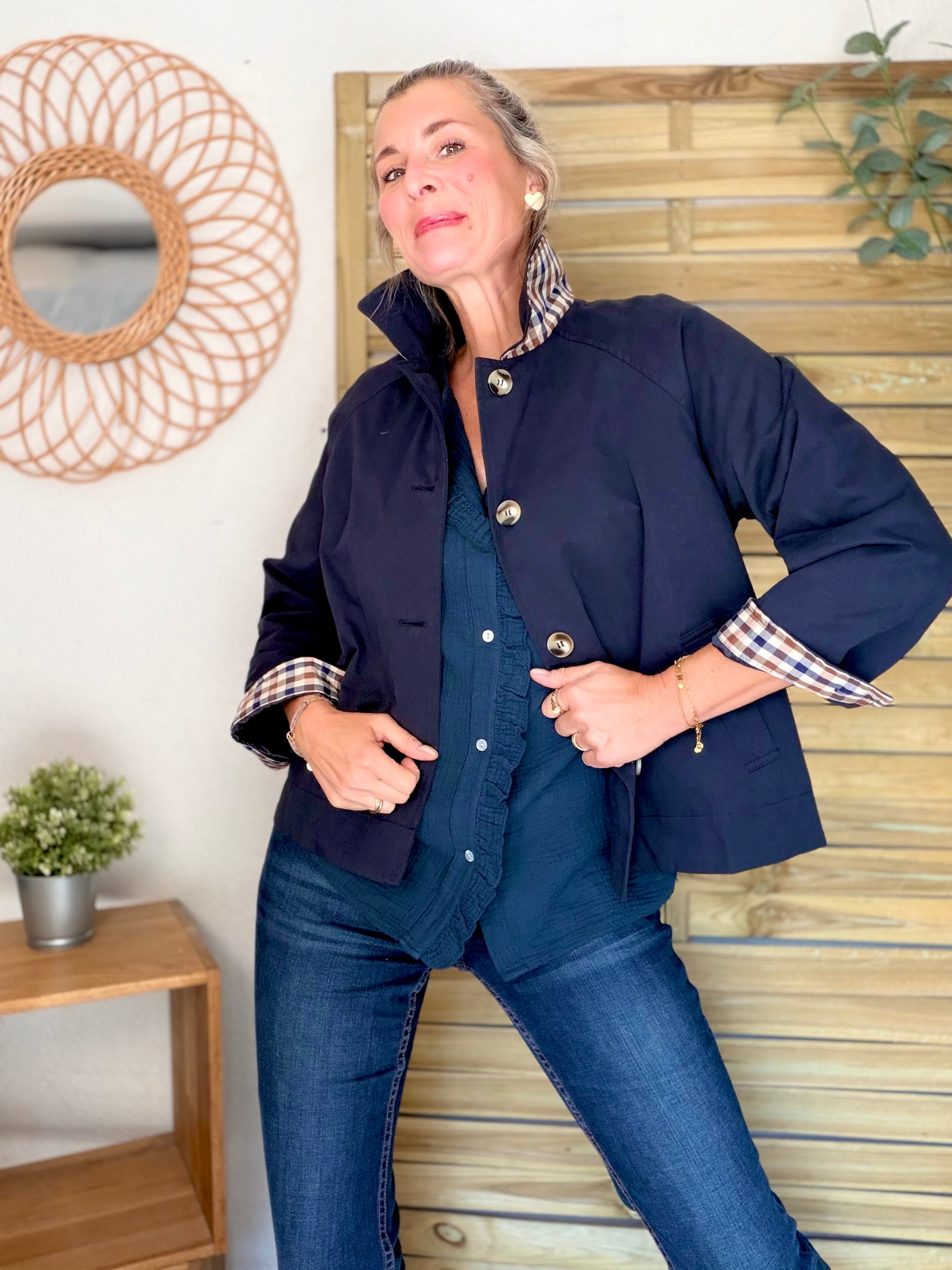 Veste Trench en coton avec carreaux - SOLÈNE Bleu marine