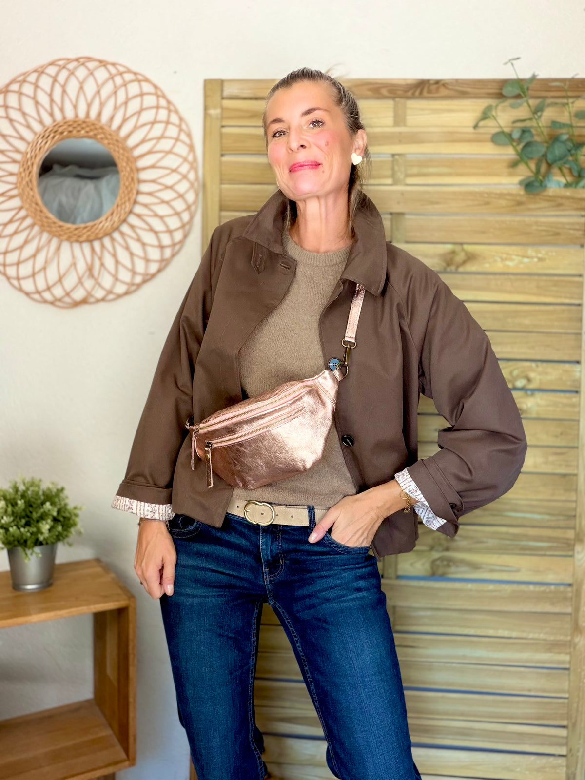 Sac banane en cuir irisé double poche - OPALE Rose gold