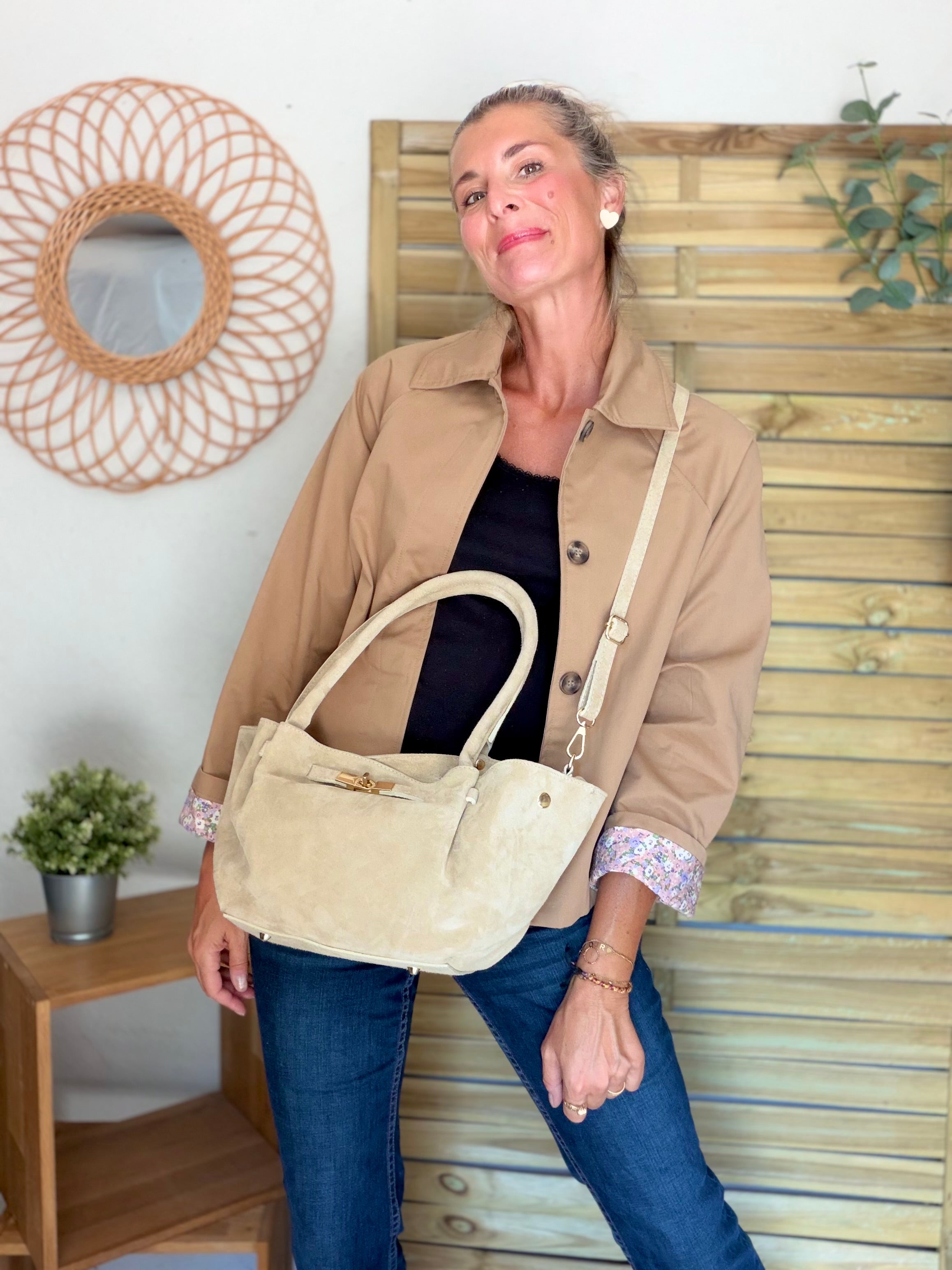 Sac cabas en cuir daim HANA - Beige
