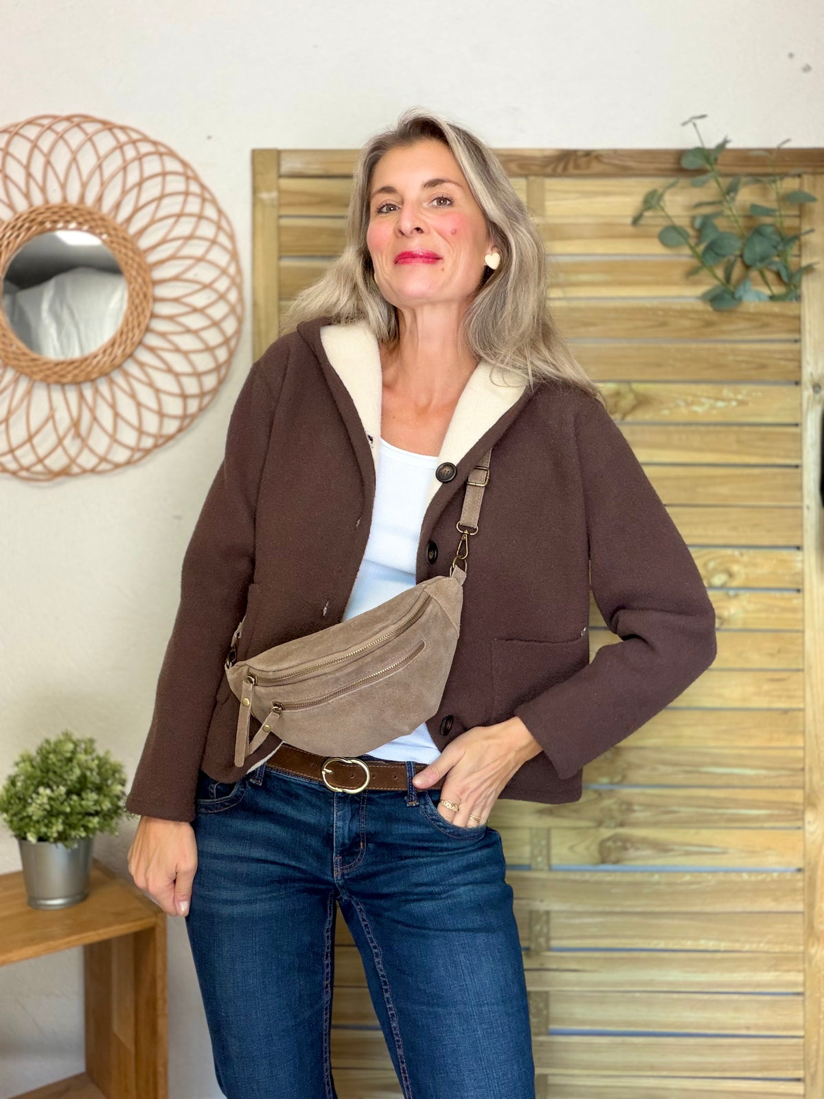 Veste / Gilet chaud réversible avec capuche ORIANE Choco / Beige