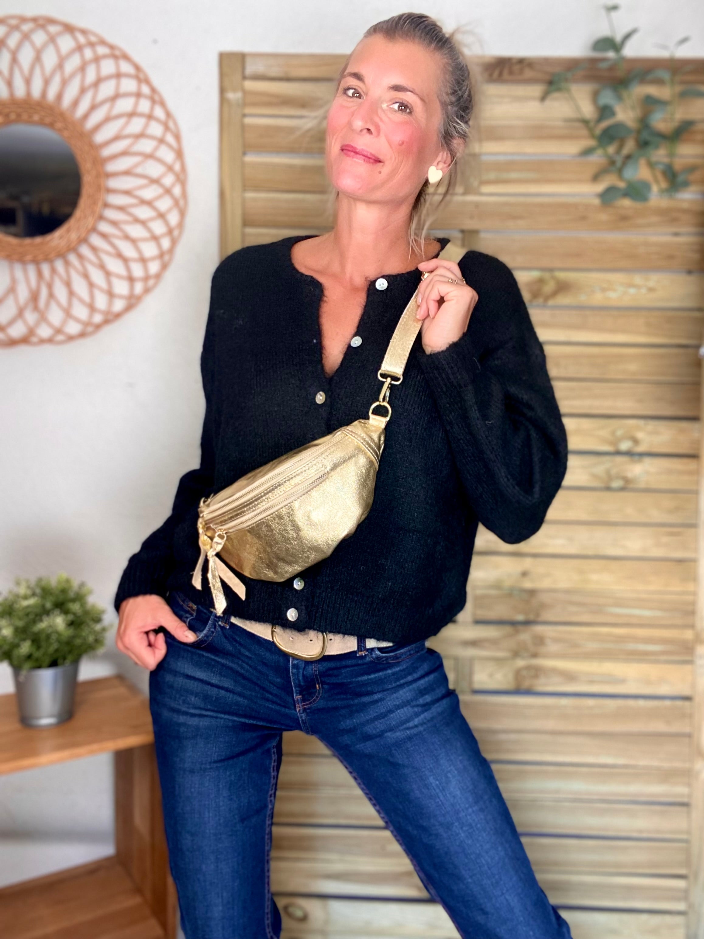 Sac banane en cuir irisé double poche - OPALE - Doré / doré