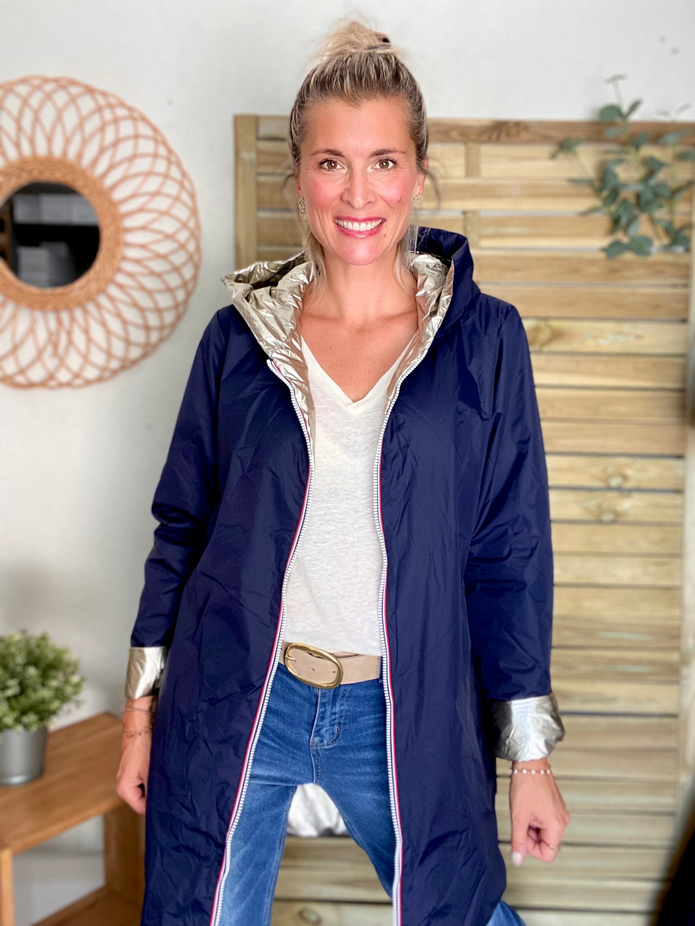 Imperméable réversible rembourré LOUISON LONG - Marine/Doré - Laura Jo