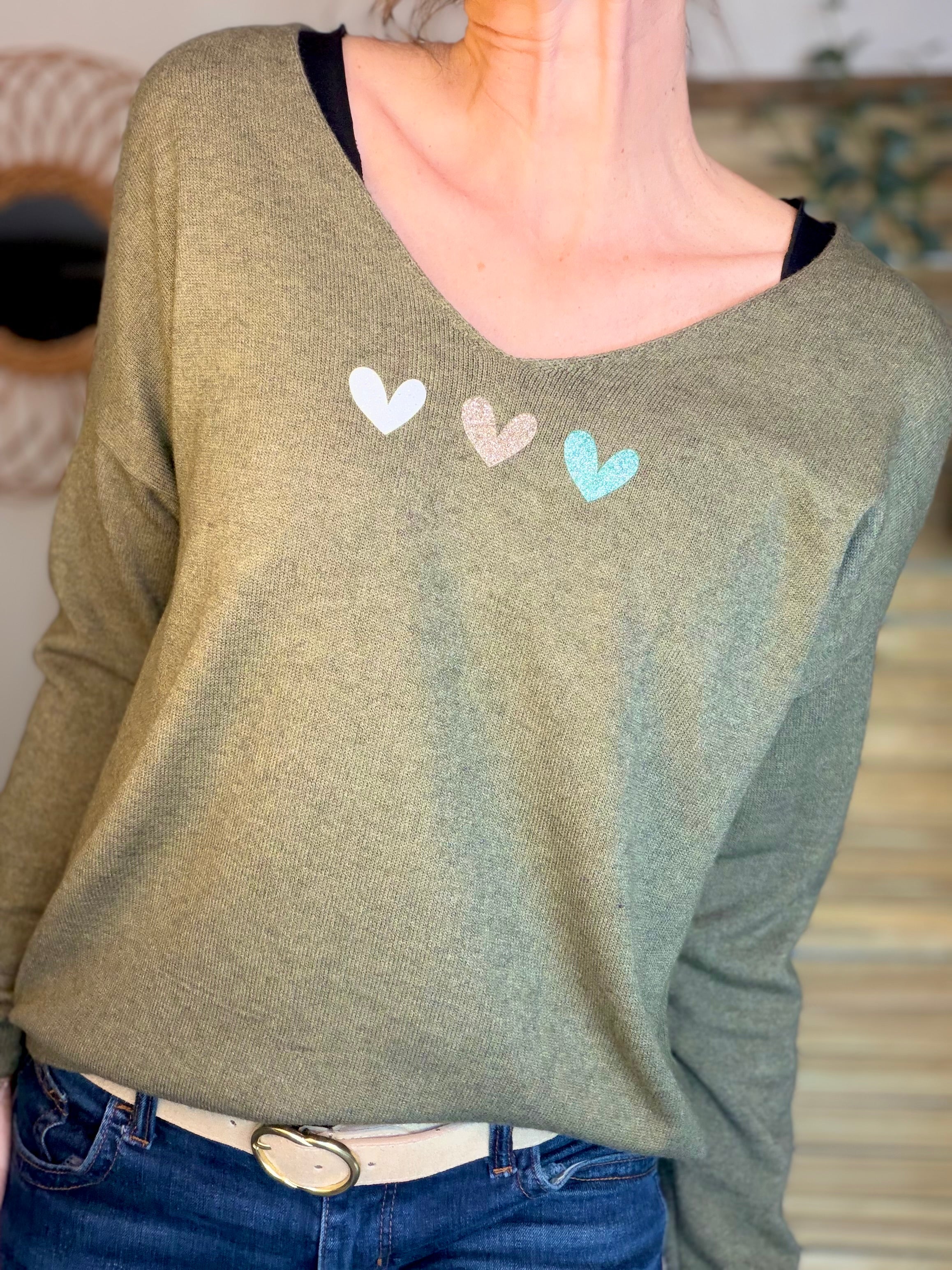 Pull fin 3 cœurs 💛 BERTILLE - Kaki