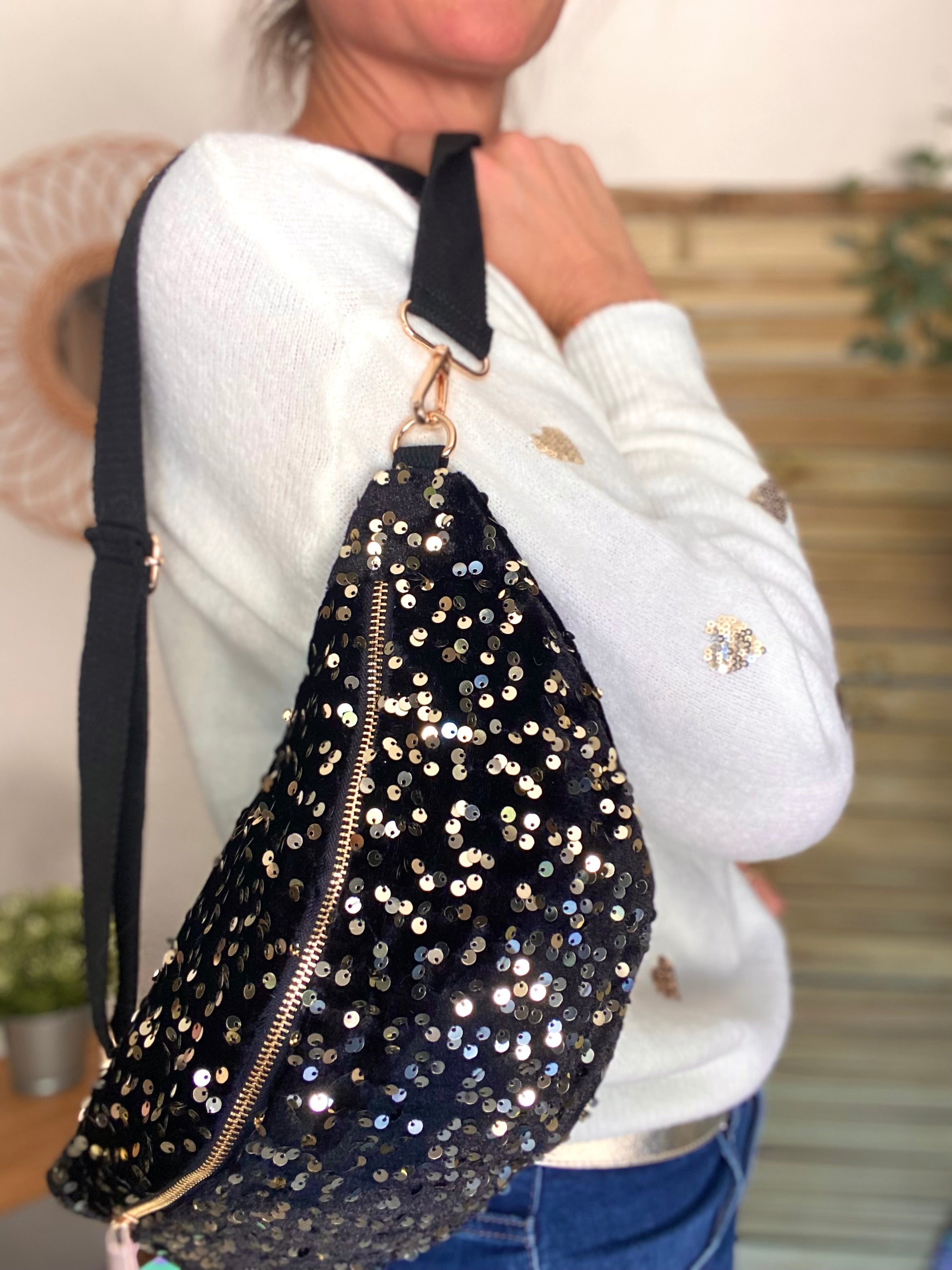 Sac banane L velours à sequins Ciao Boum - TAYLOR - Noir à sequins dorés