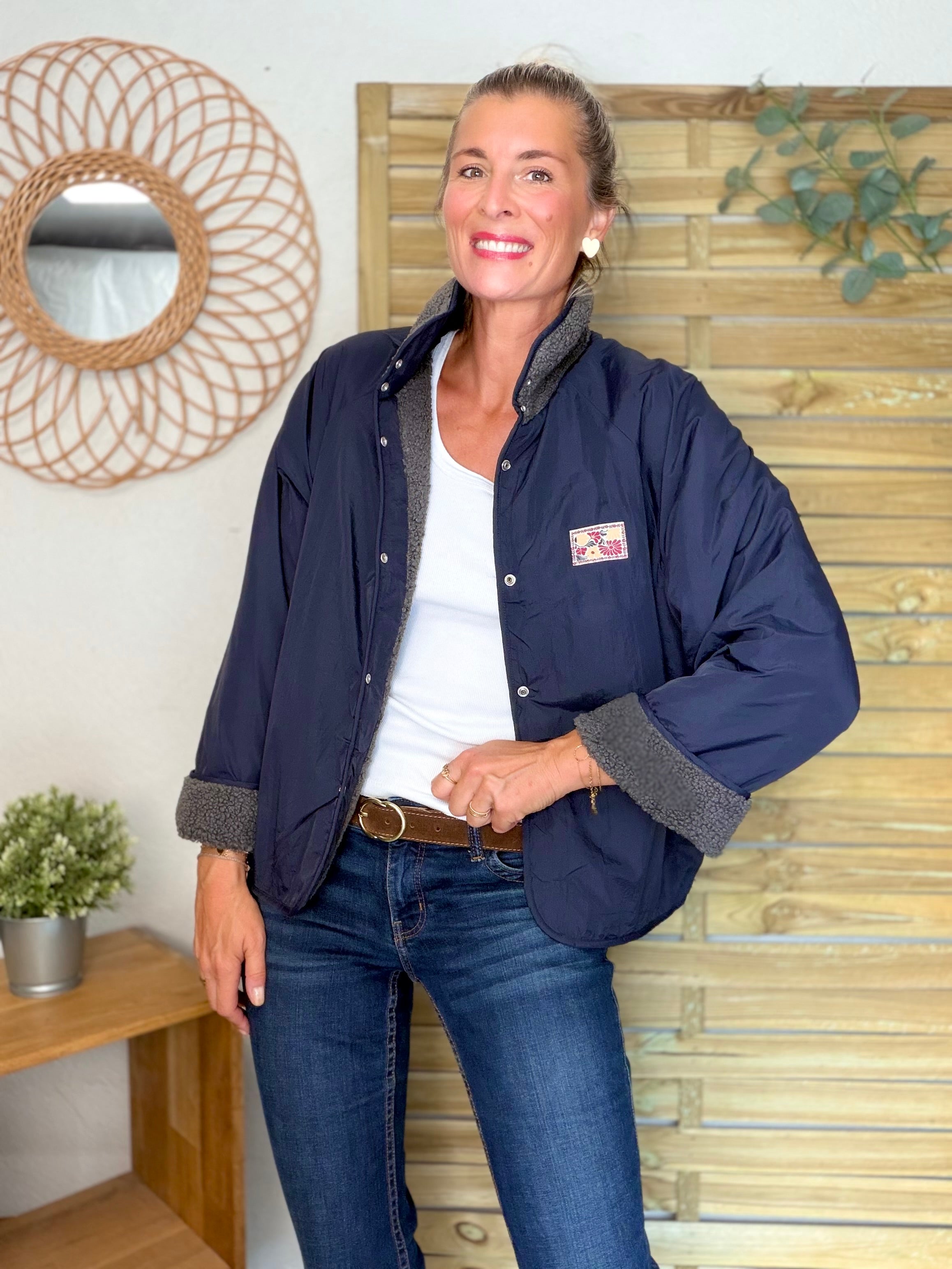 Veste matelassée réversible Sherpa AMÉLIE Bleu marine / Gris