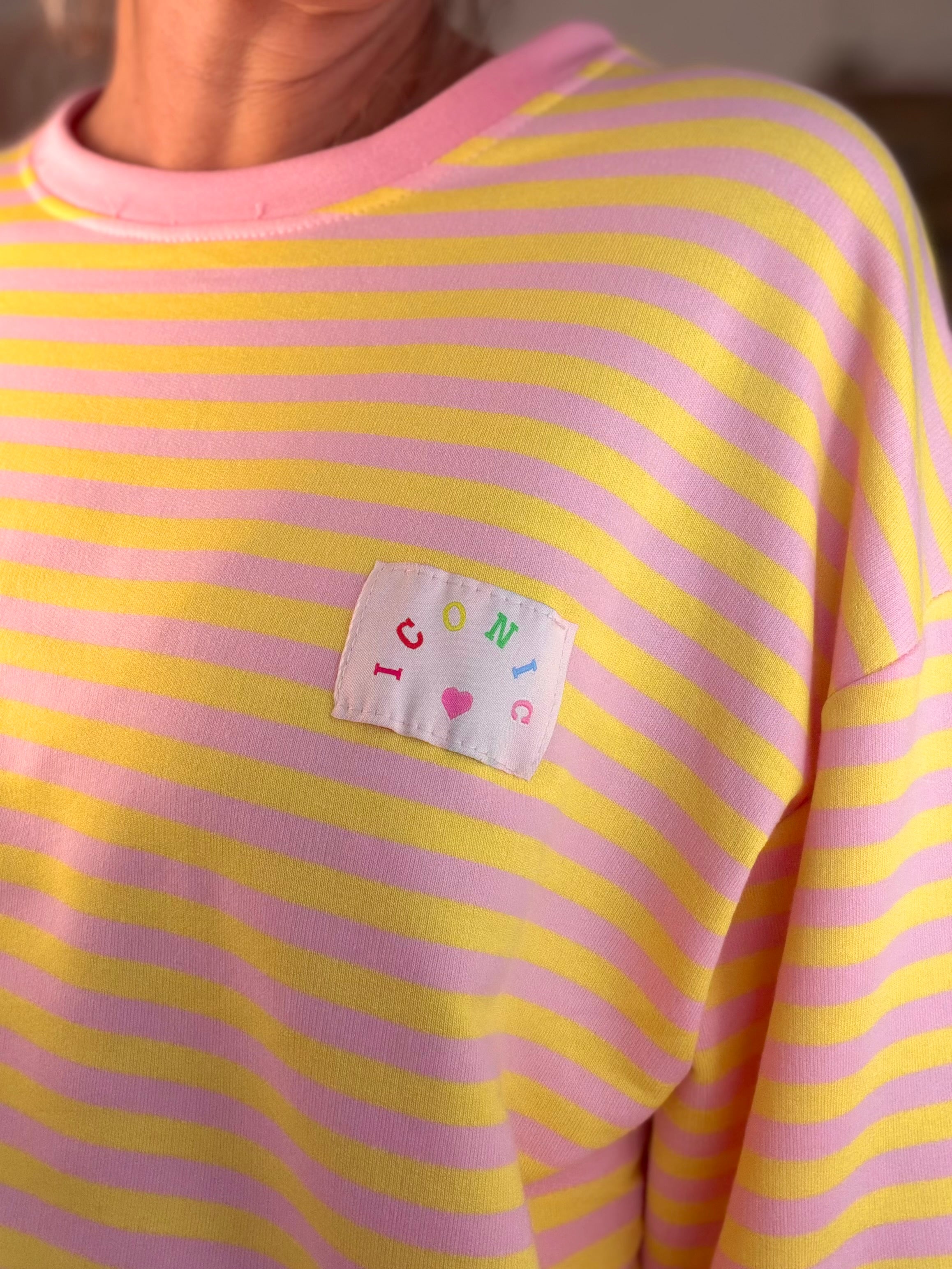 Sweat fin rayé ample Iconic CORALIE - Rose / Jaune