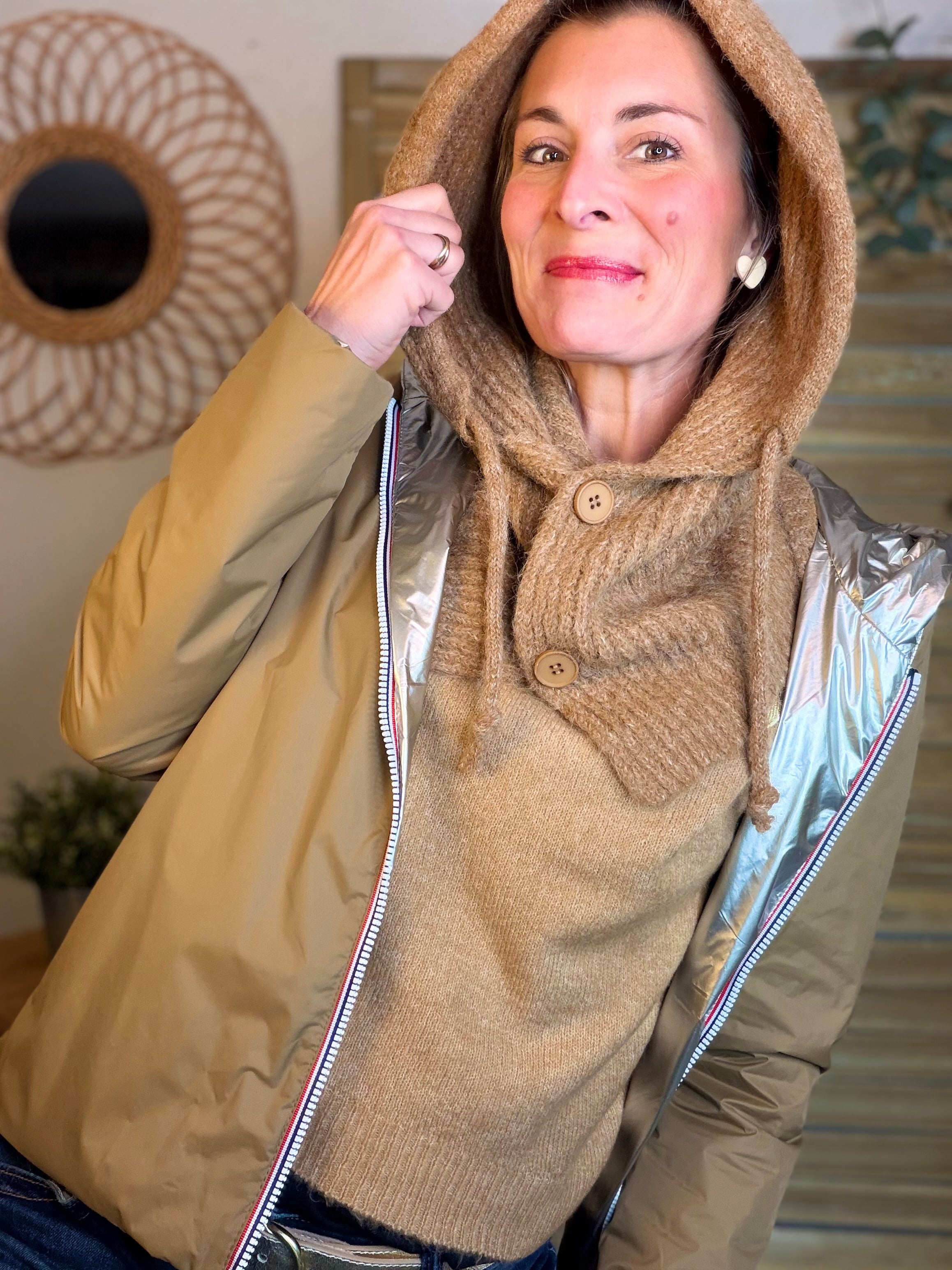 Col cagoule LORIE en maille avec bouton - Camel