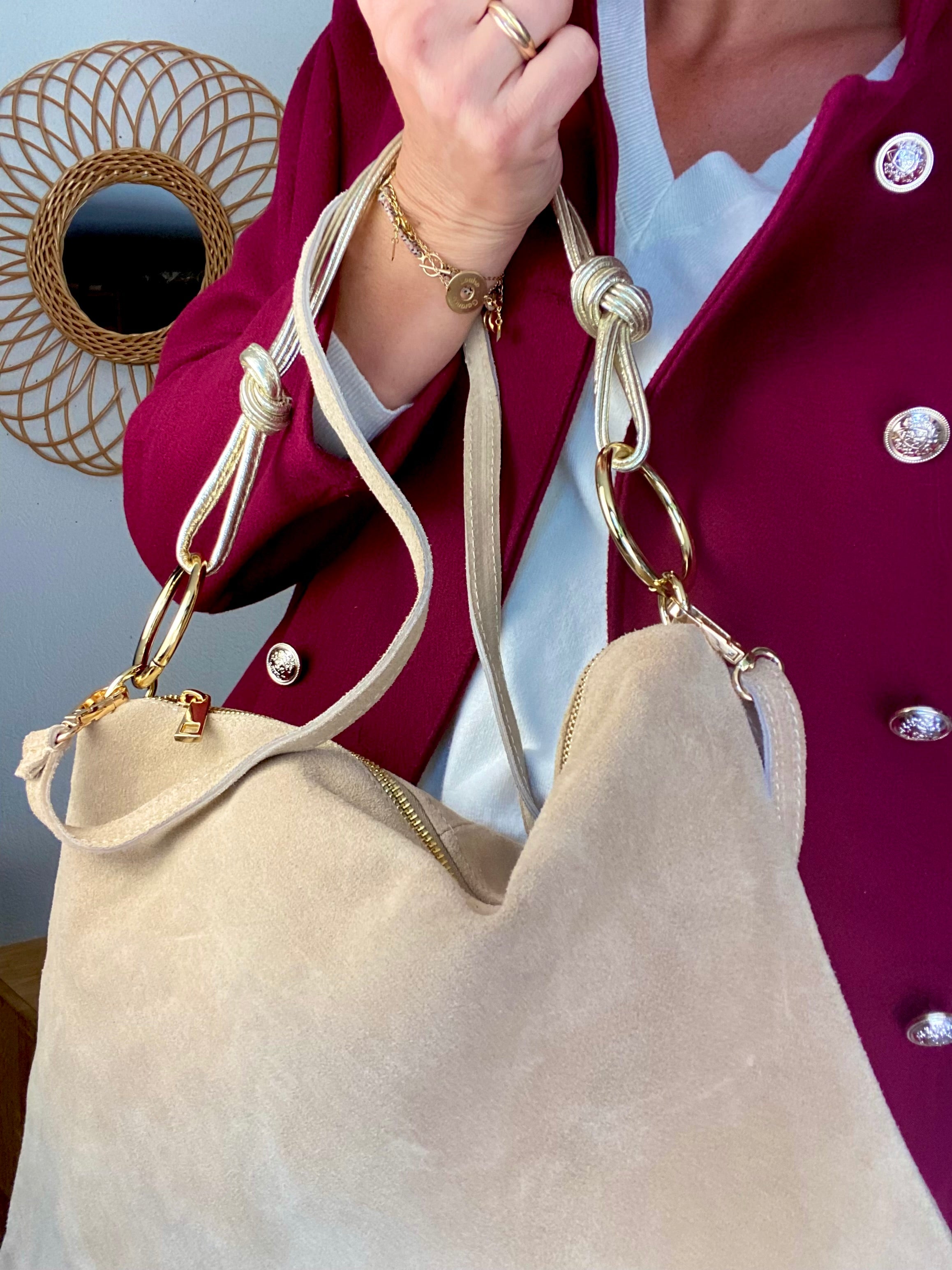 ⚡️PÉPITES FRIDAY - Sac en cuir daim 2 bandoulières (or et beige) - Beige - PACEY