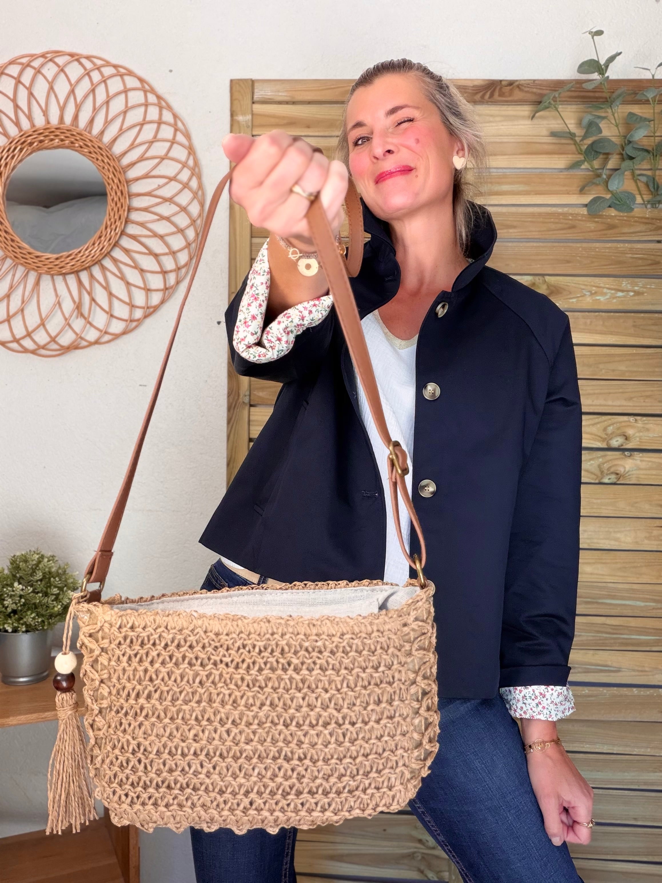Sac pochette en raphia CORA Camel