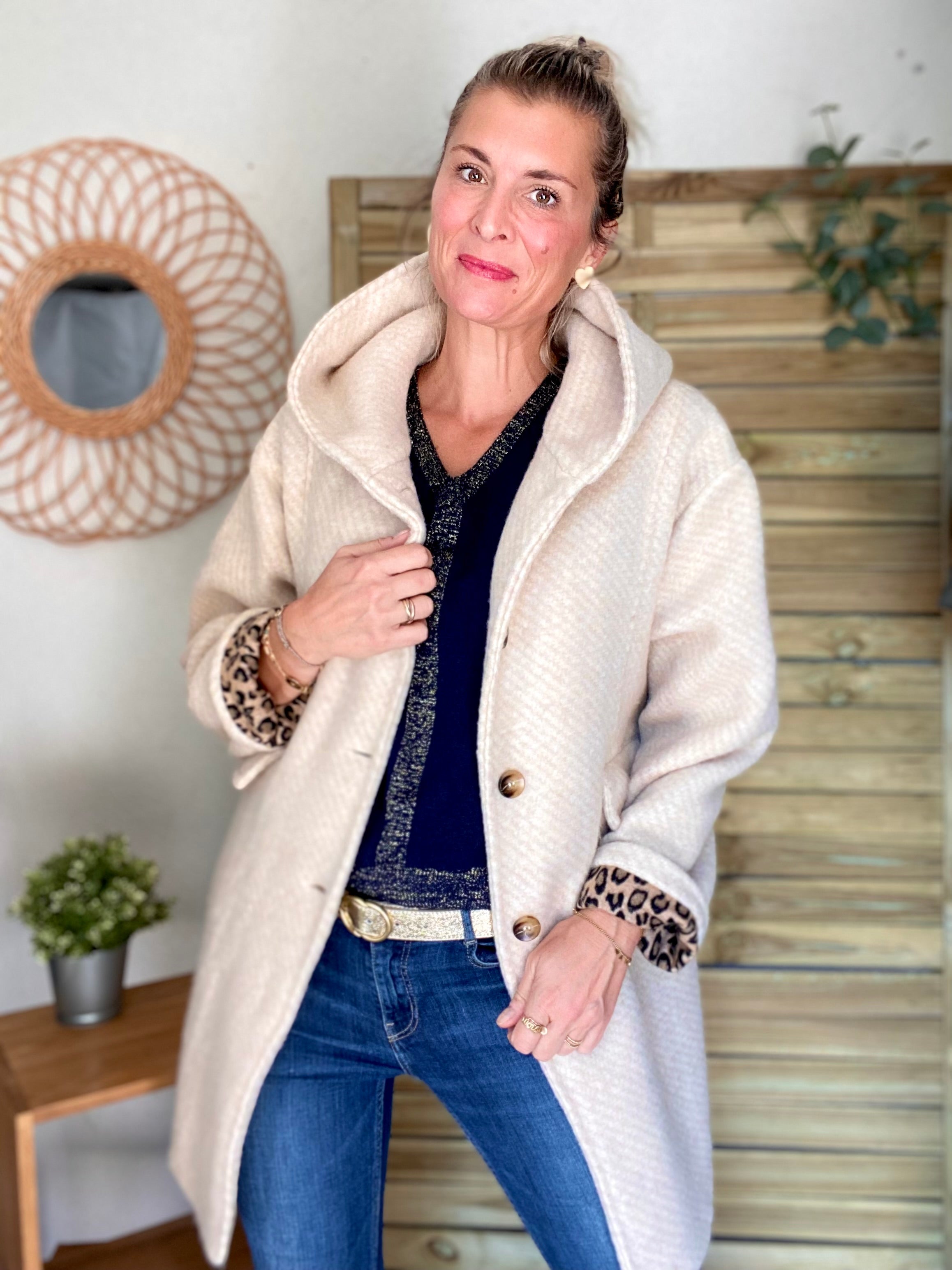 Manteau laine AGATHE avec détails Léo (étoile capuche) - Beige