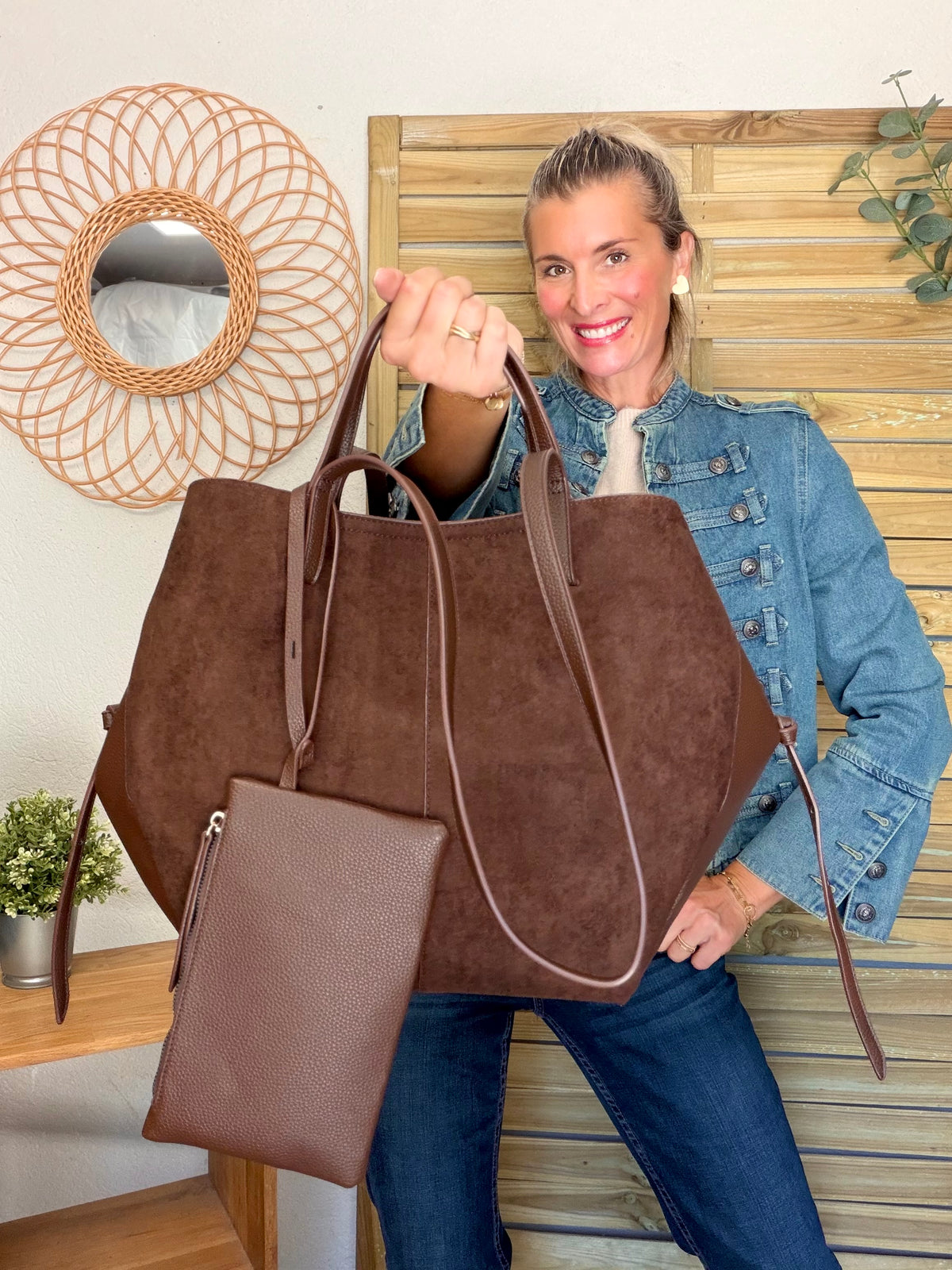 Grand Sac cabas 2 en 1 en simili daim - PAULE Chocolat