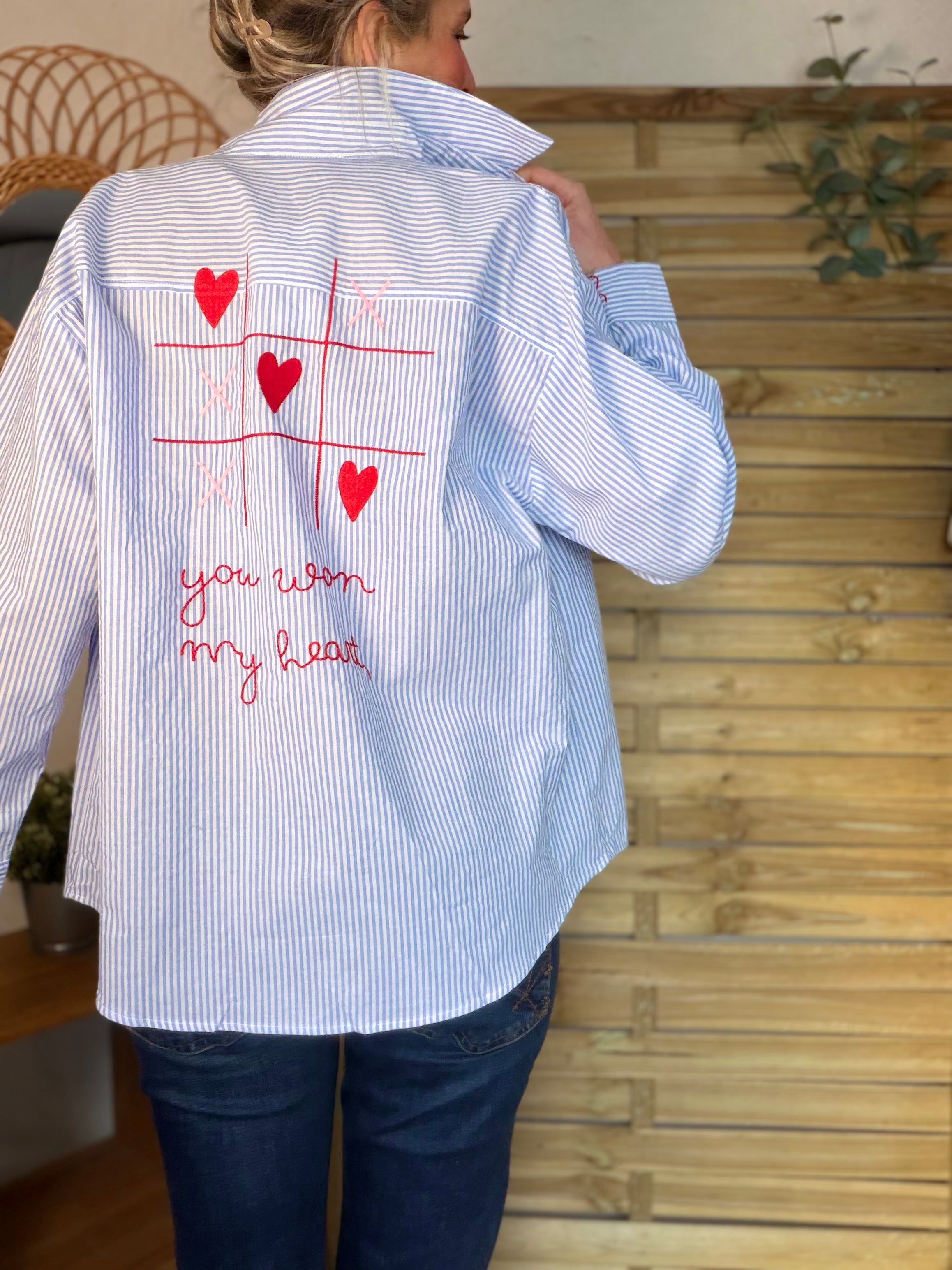Chemise bleue rayée brodée YOU WON MY HEART ❤️ MAUREEN