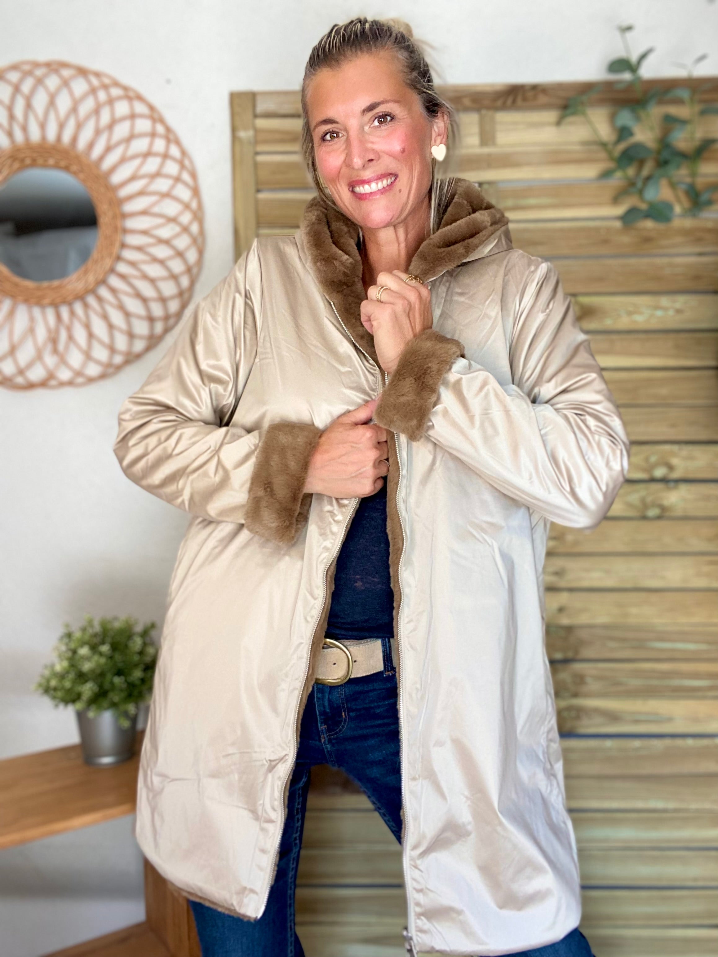 Parka Imperméable réversible fourrée Sable irisé / Camel ALIX - LAURA JO