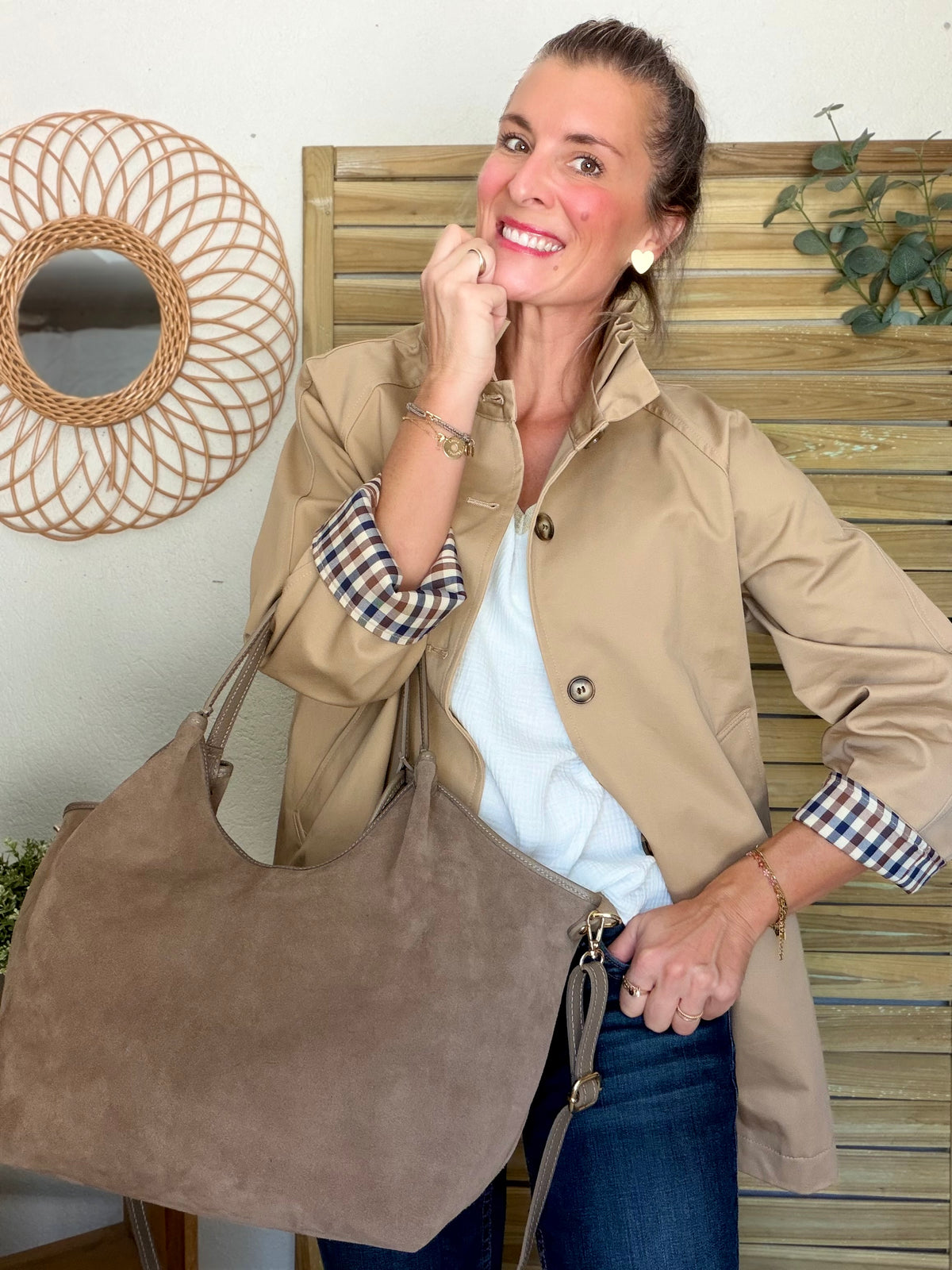 Veste Trench mi-long col victorien avec carreaux - ANDY Beige taupe