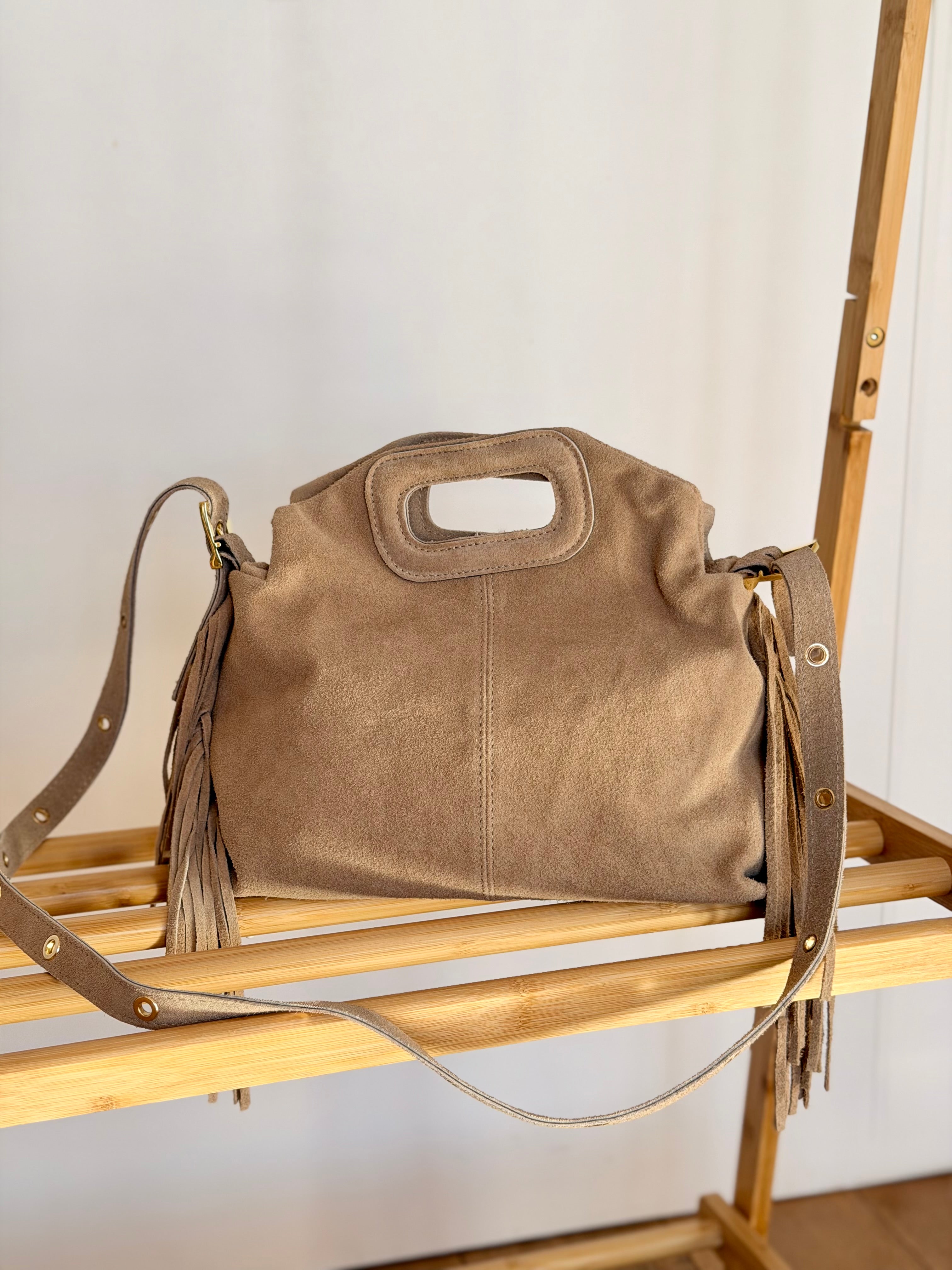 Sac en cuir daim avec franges LOGAN - Beige clair