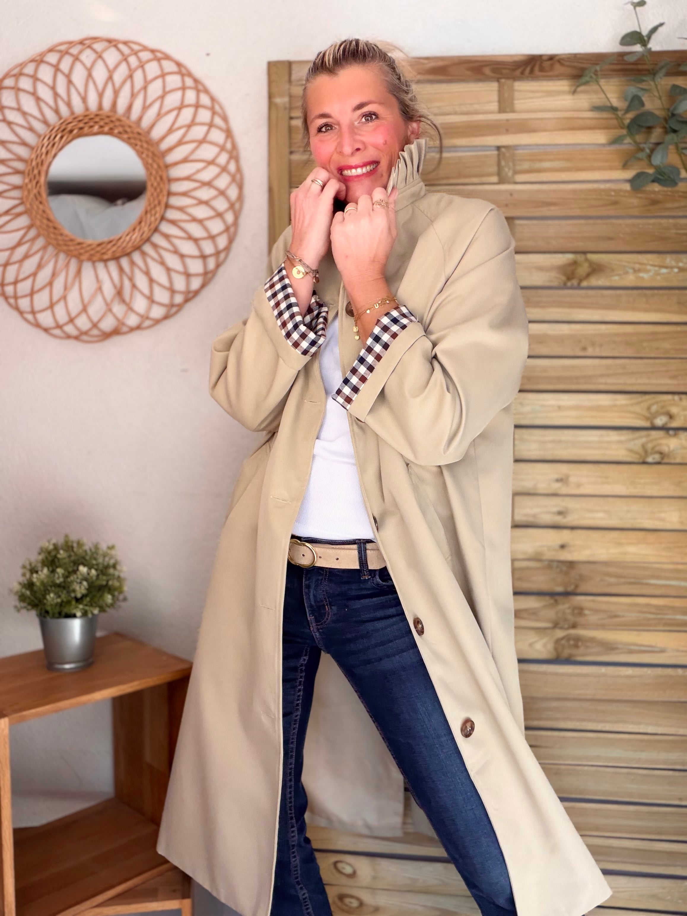 Veste Trench col victorien avec vichy - VICKY LONG Beige