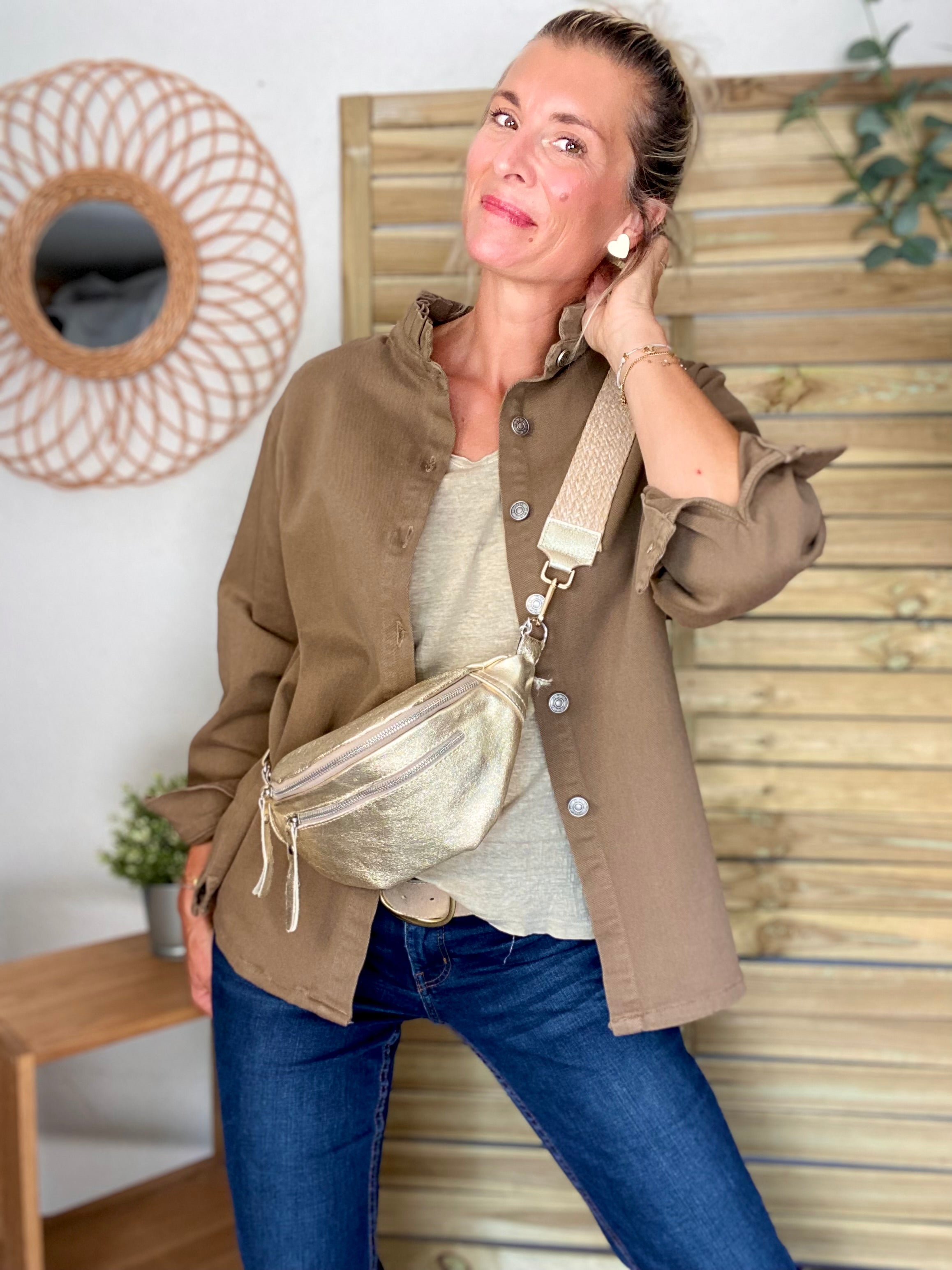 Veste / Chemise en coton, col volanté Camel foncé LISON