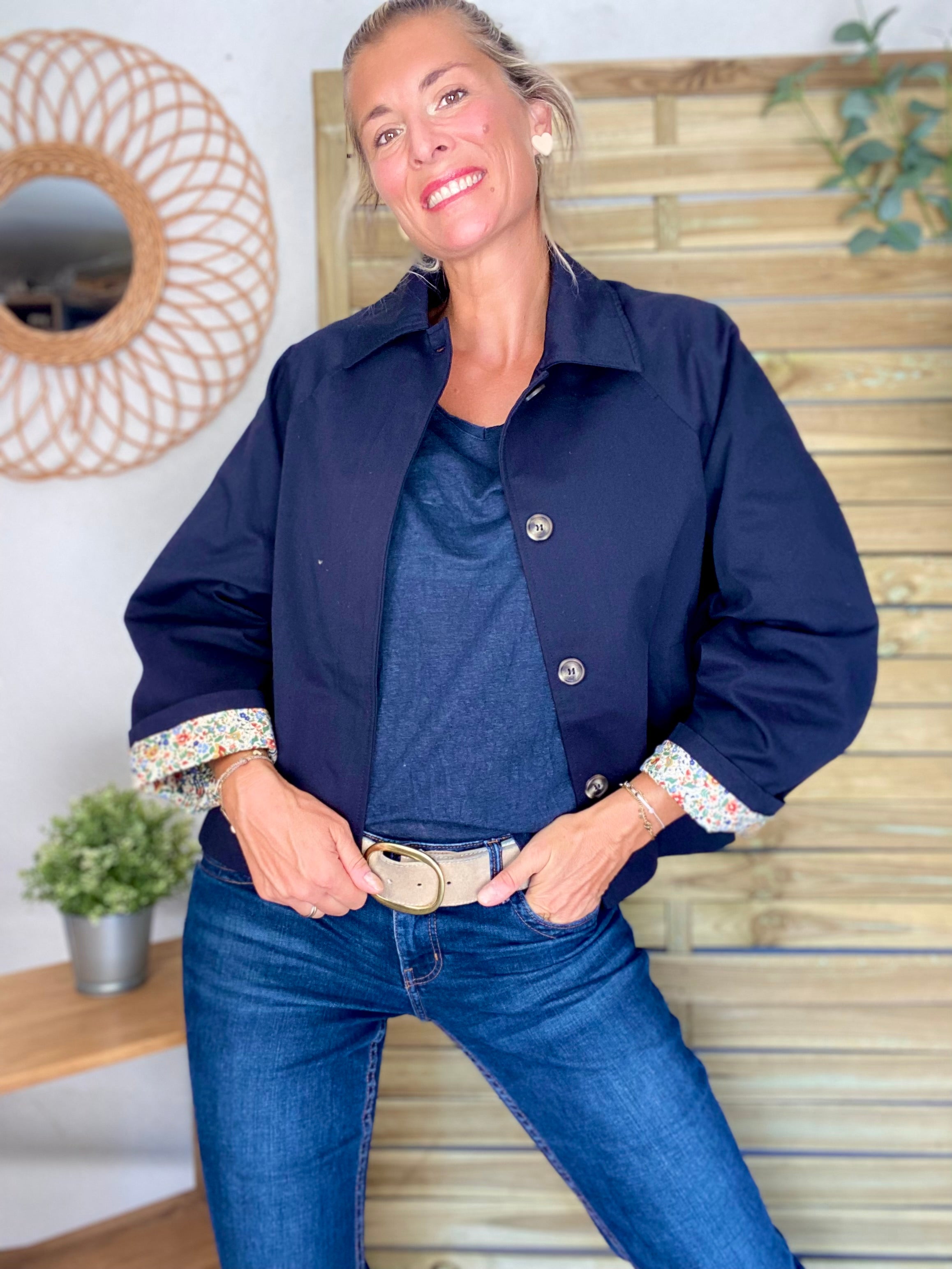 Veste Trench en coton bleu marine avec Liberty - MAHAUT