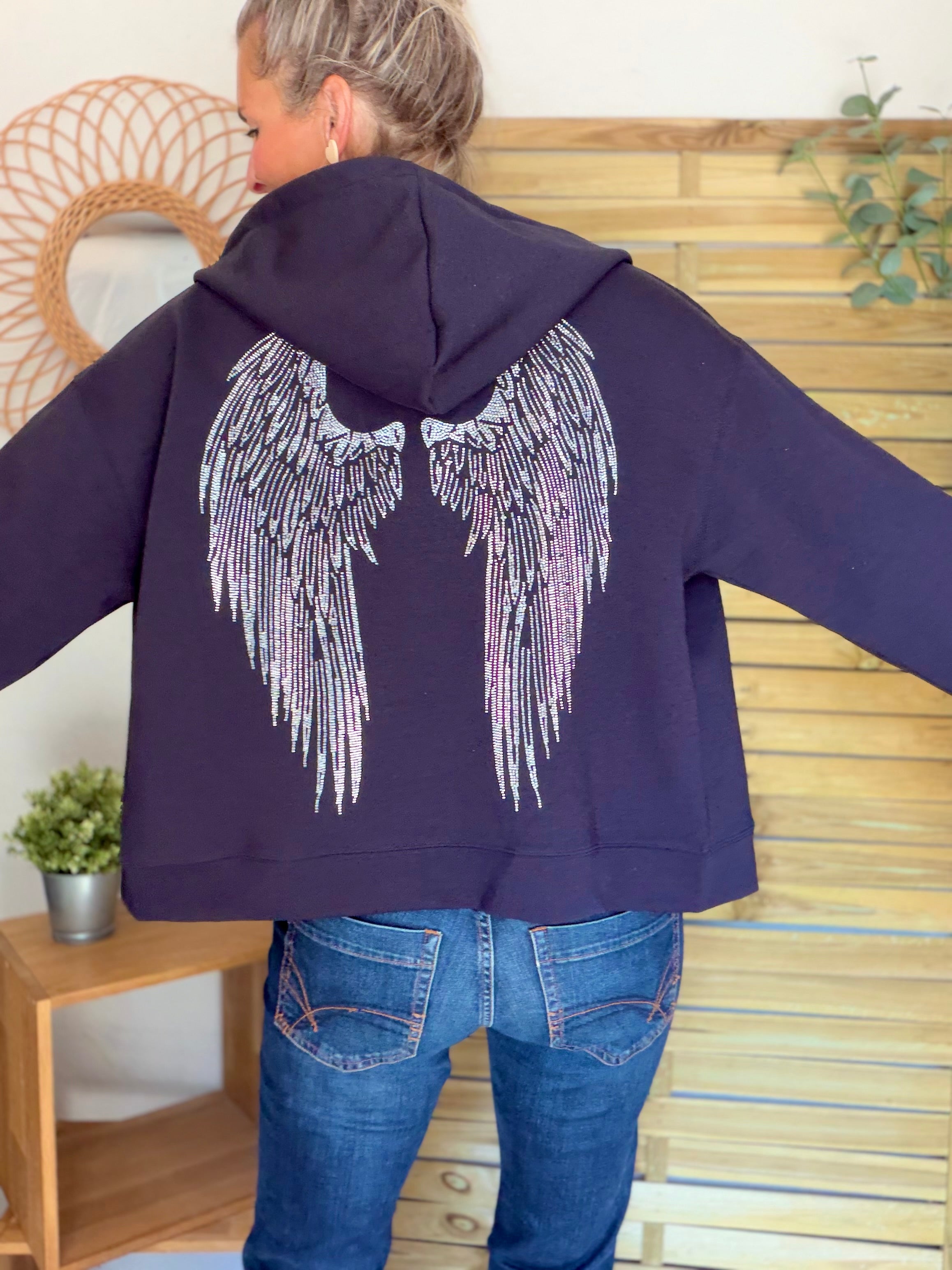 Hoodie sweat gilet strass (ailes)  CLOTHILDE - Bleu marine
