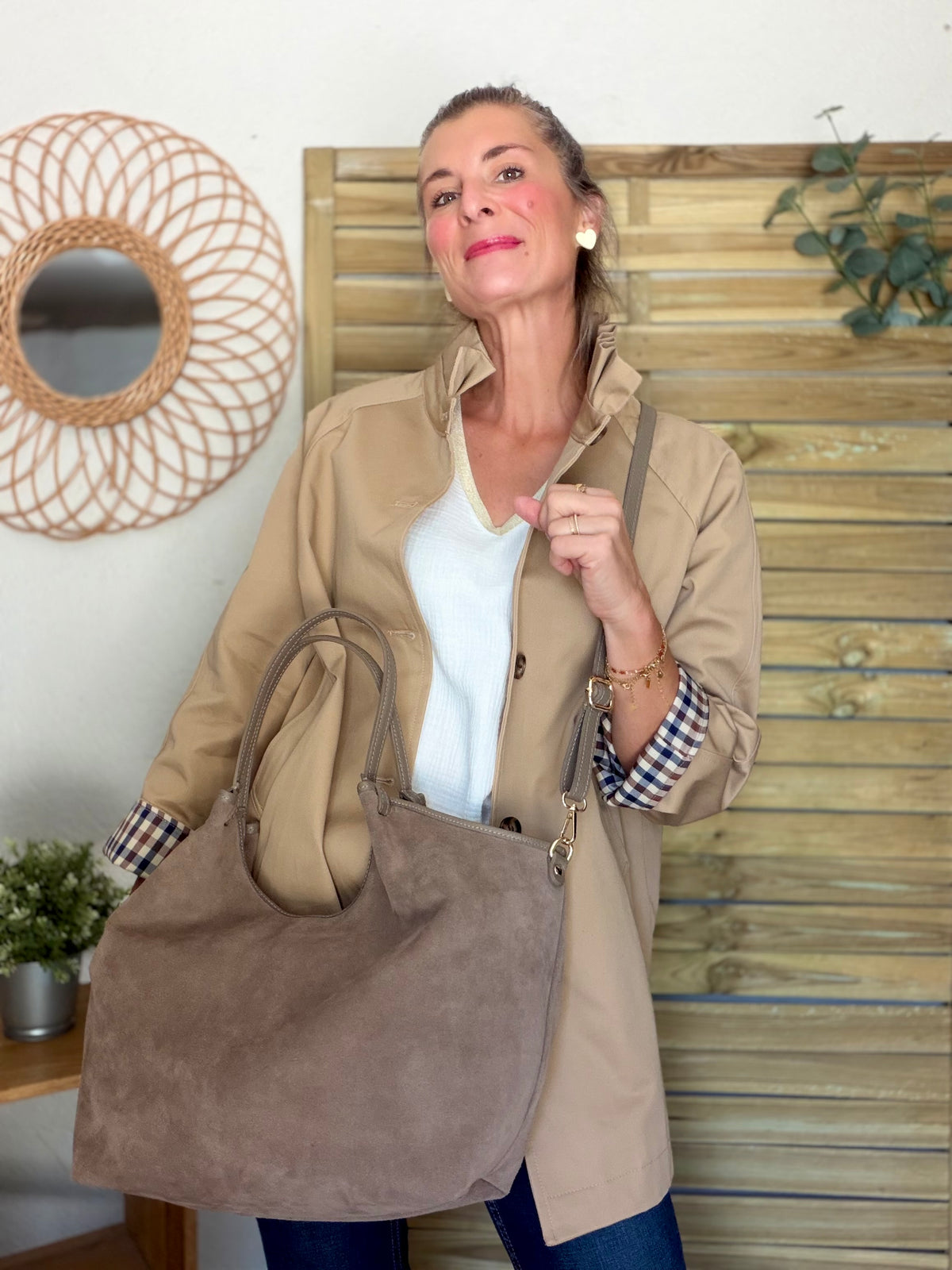 Sac cabas XXL en cuir daim souple • AUSTIN Taupe