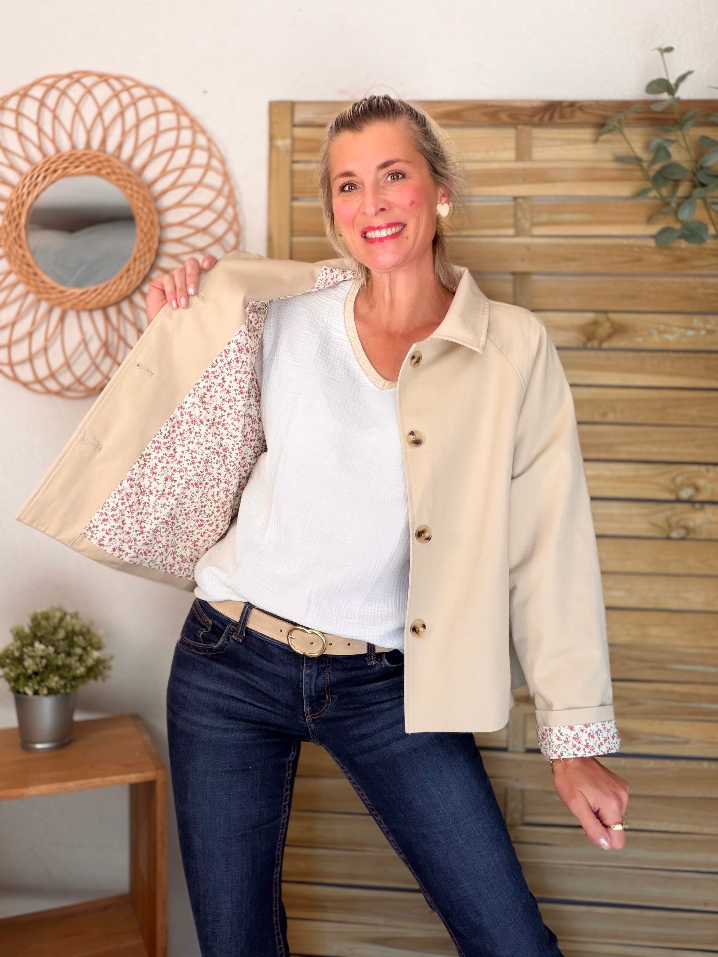 Veste Trench en coton avec Liberty - JOHAN Beige