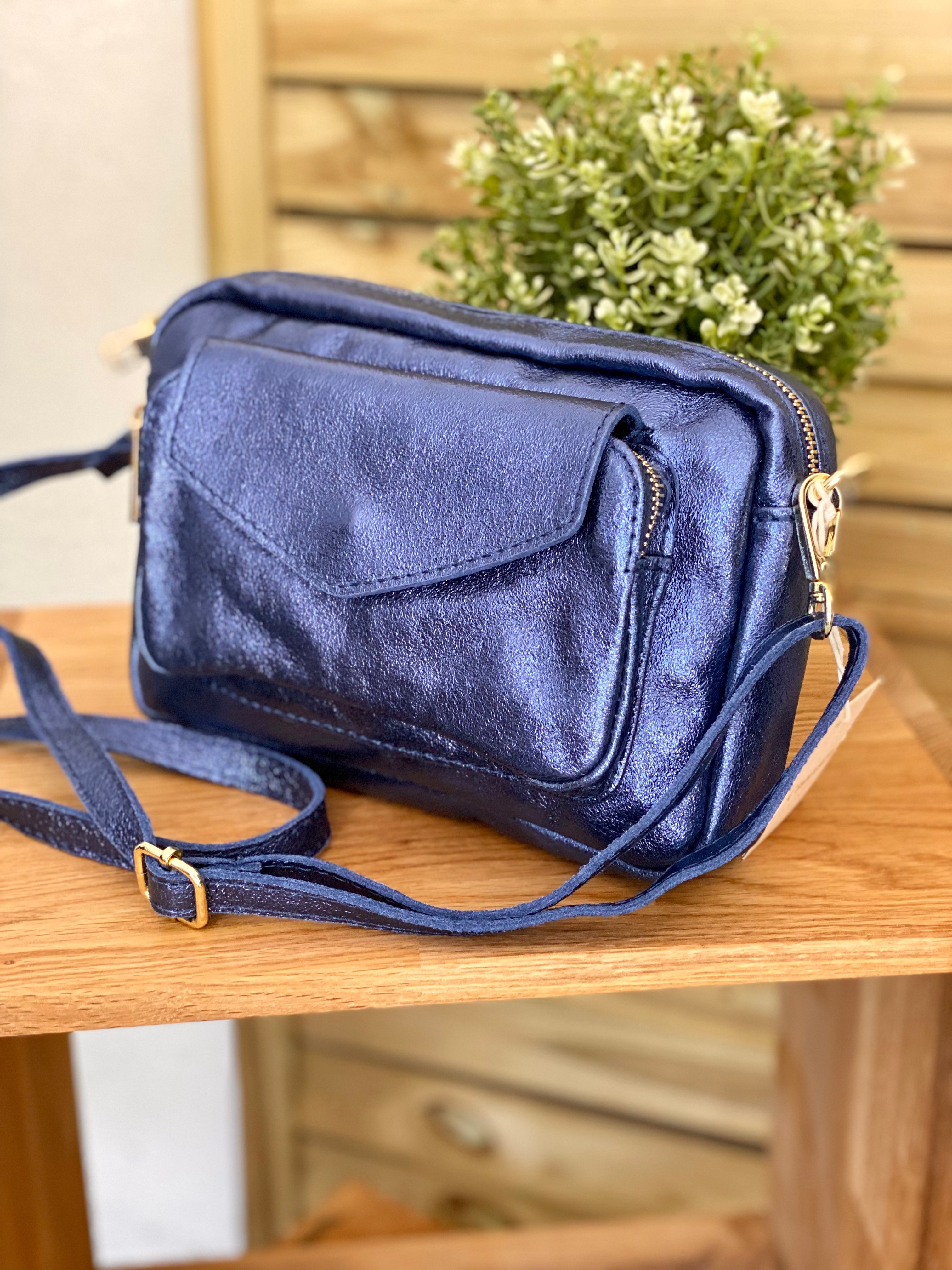 Sac bandoulière en cuir irisé - CHERRY - bleu jean