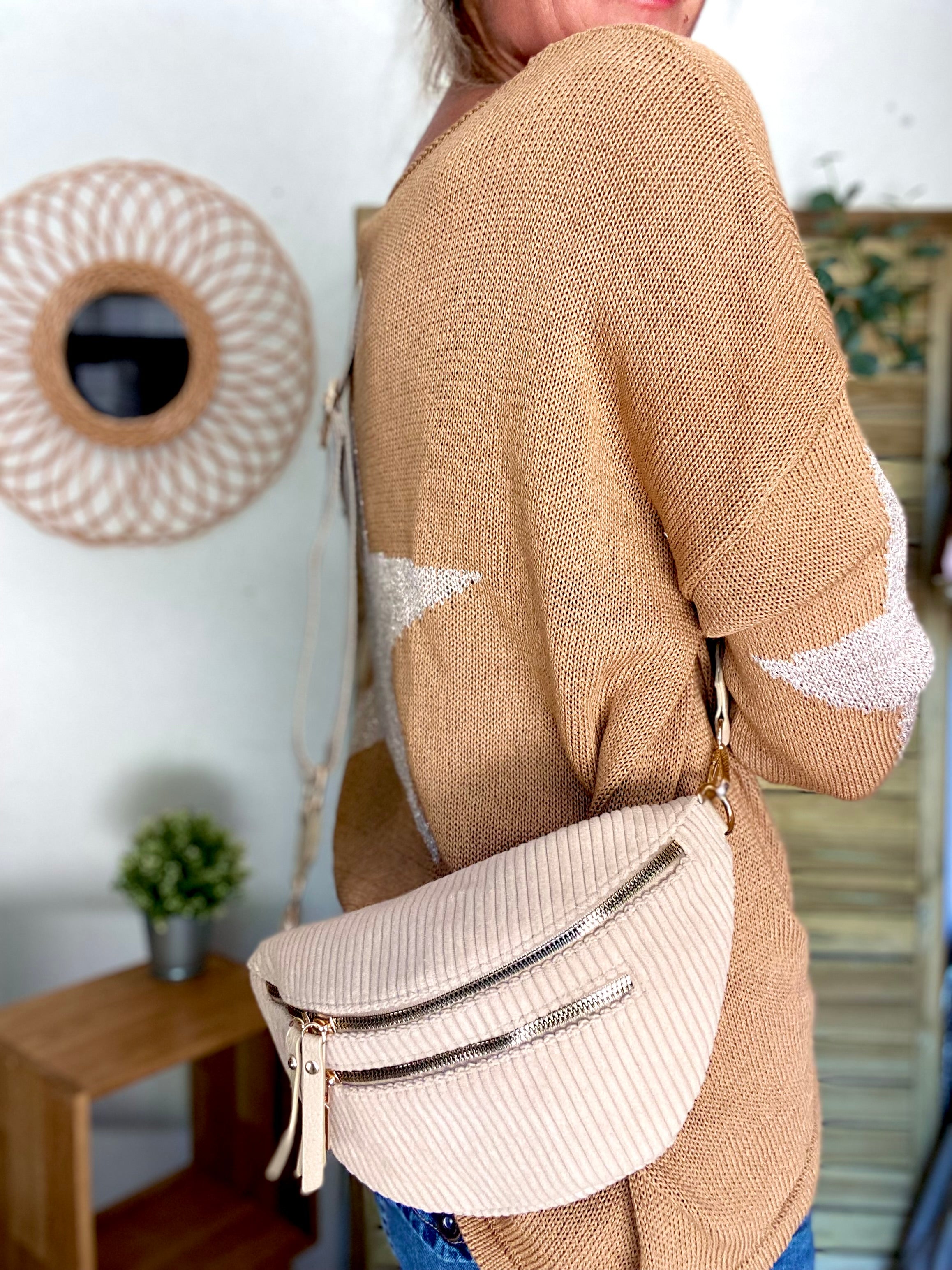 Sac banane en velours côtelé 2 zips et sangle fantaisie - CHARLY - Beige moyen