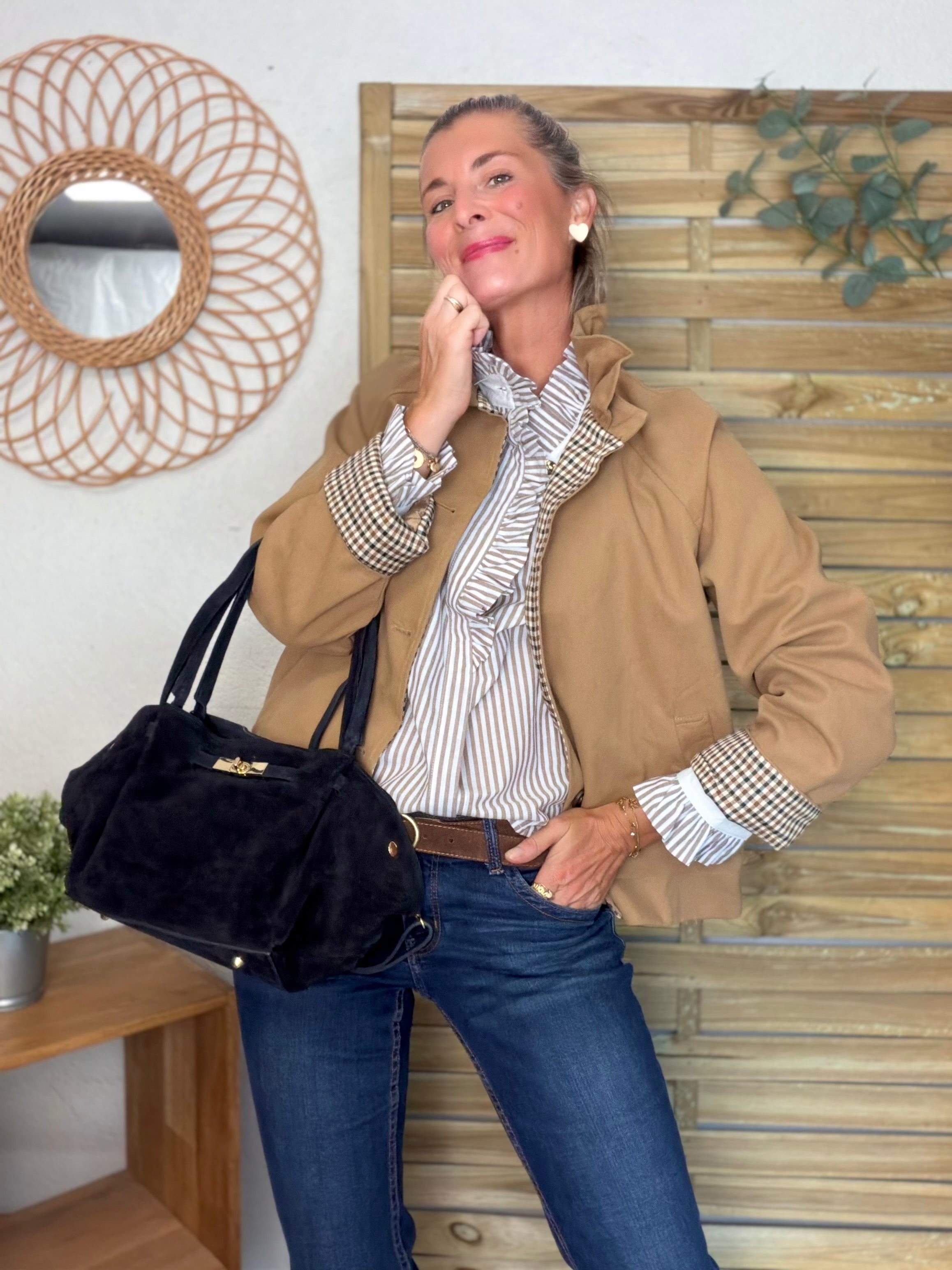 Veste toile coton col victorien avec vichy - GABY