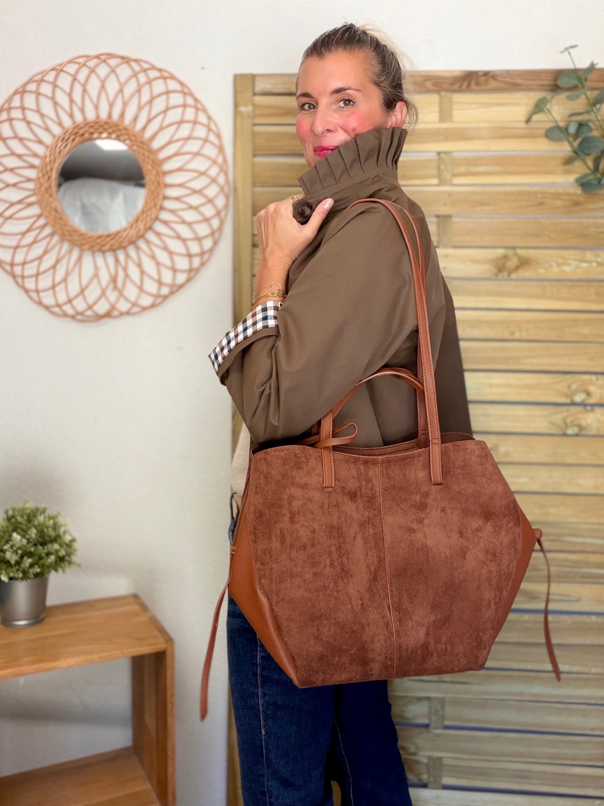 Grand Sac cabas 2 en 1 en simili daim - PAULE Camel