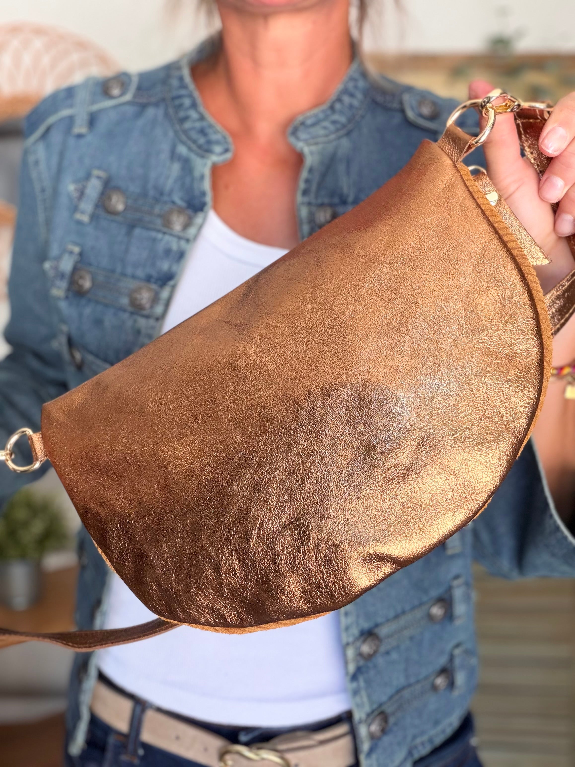 Sac banane XL 30cm en cuir irisé et velours - JANIS - Camel bi-matière