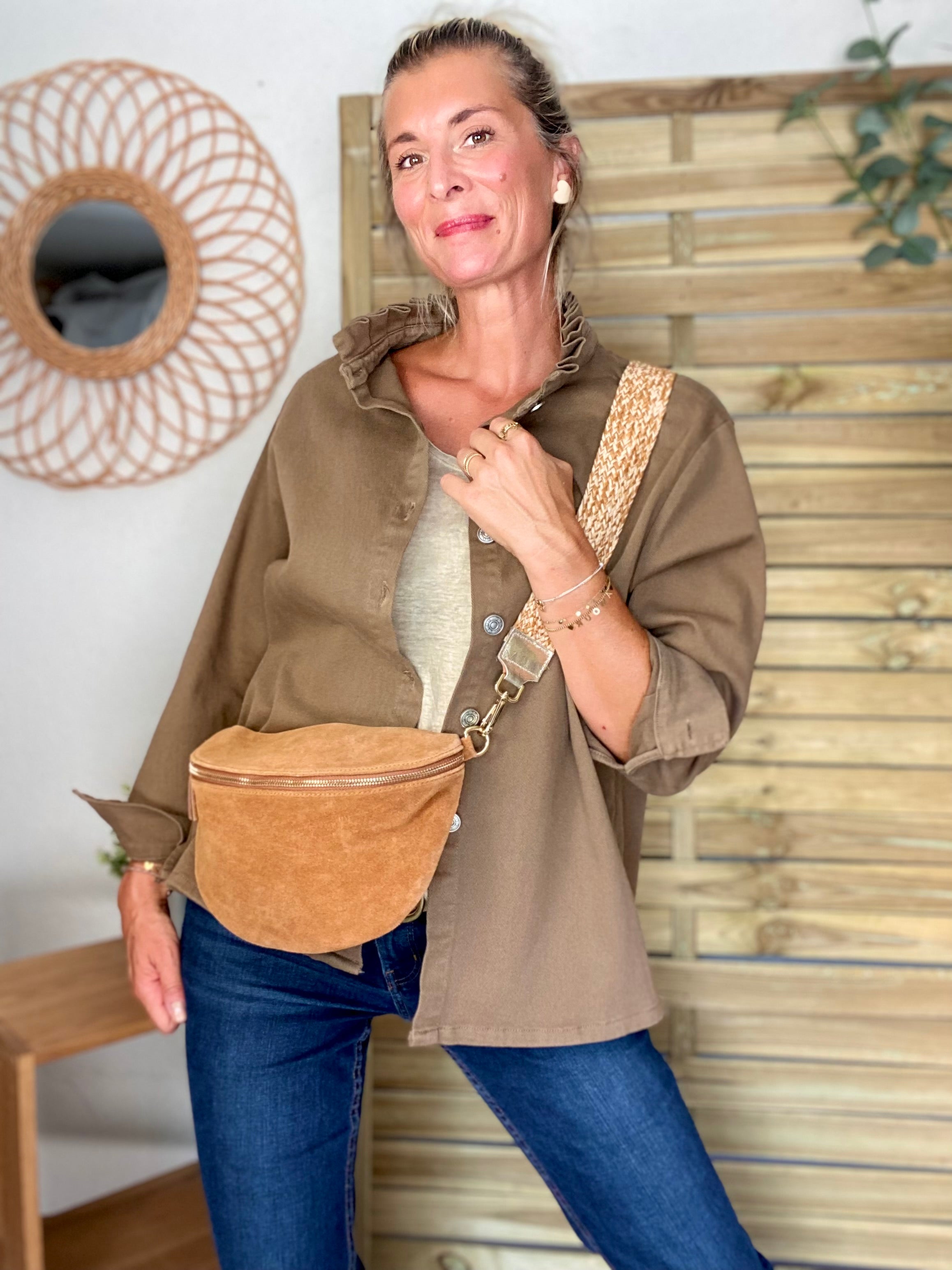 Veste / Chemise en coton, col volanté Camel foncé LISON
