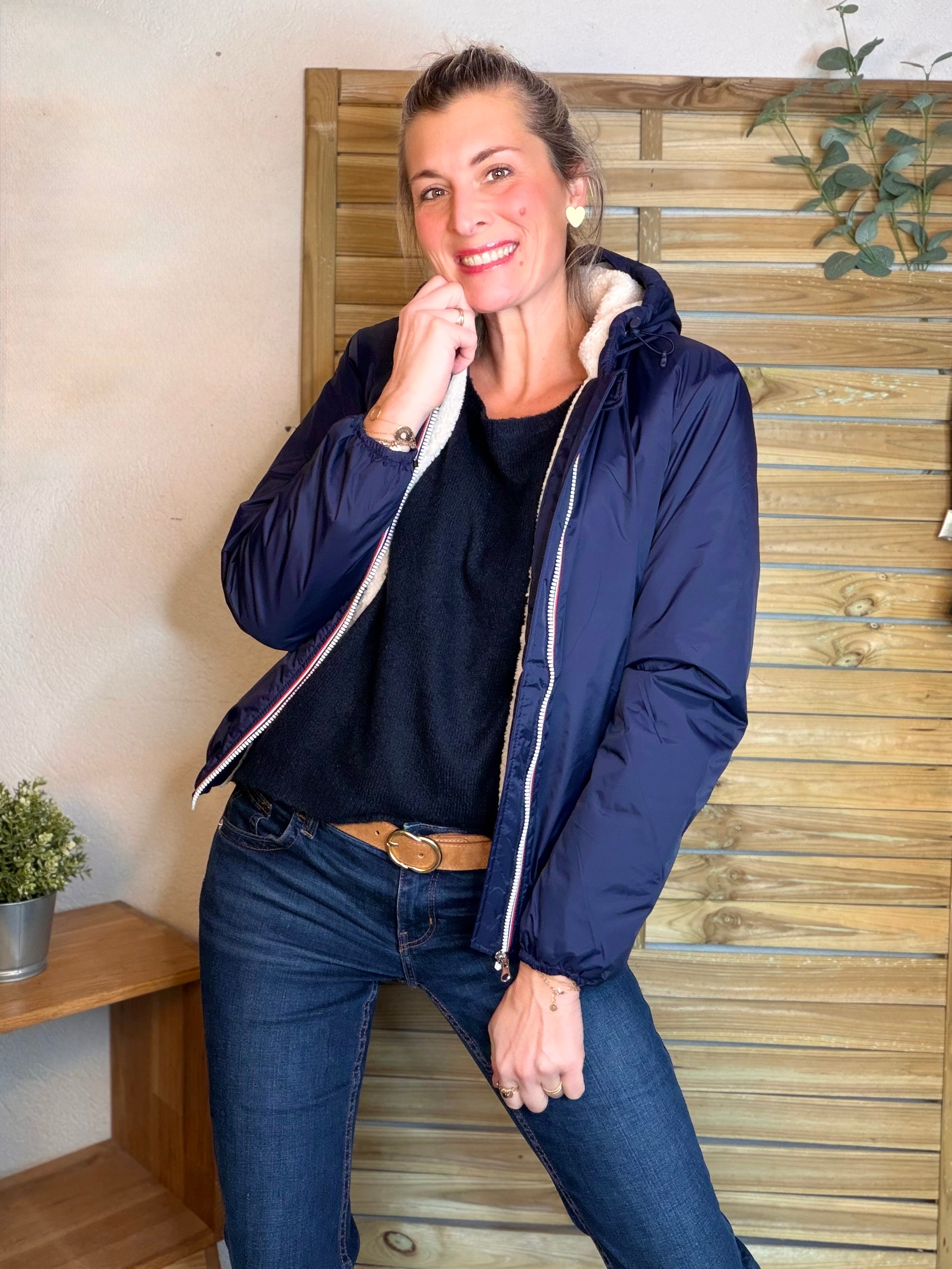 Parka Imperméable LOUISE COURT sherpa - Bleu marine - LAURA JO (DÉSTOCKAGE Taille L)