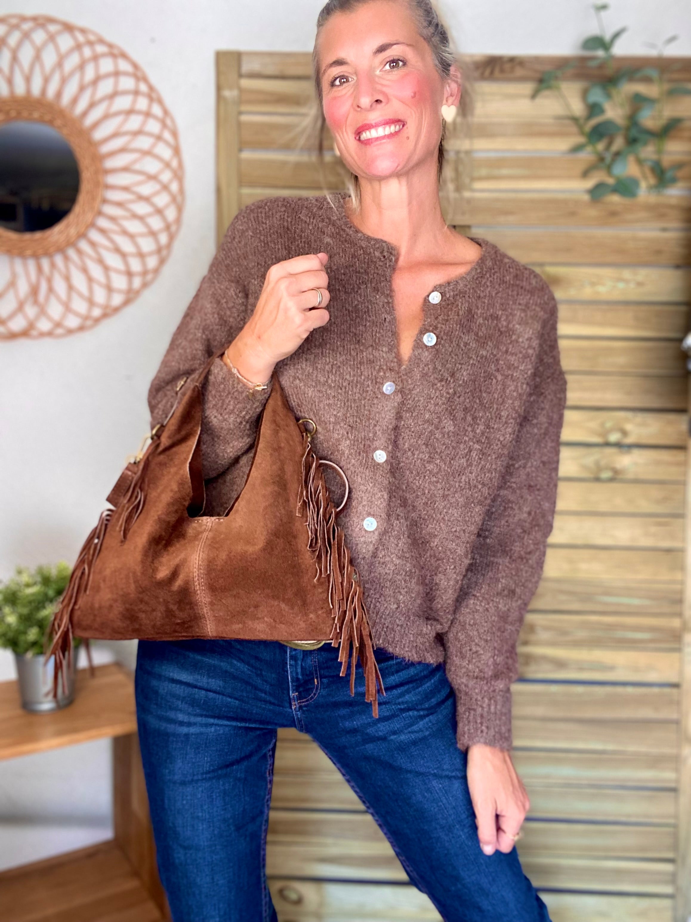 Sac en cuir daim avec franges AARON - Chocolat