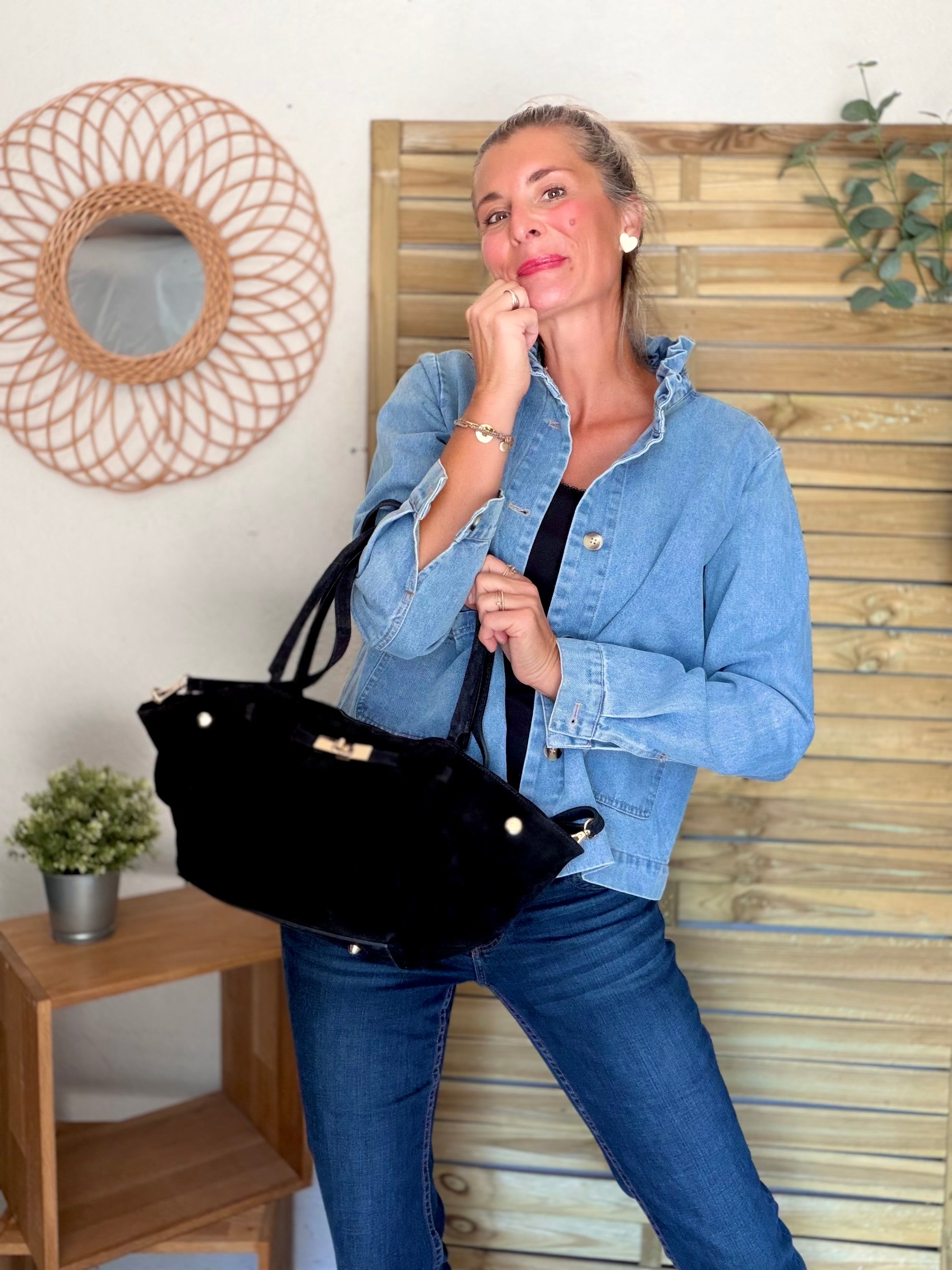 Sac cabas en cuir daim HANA - Noir