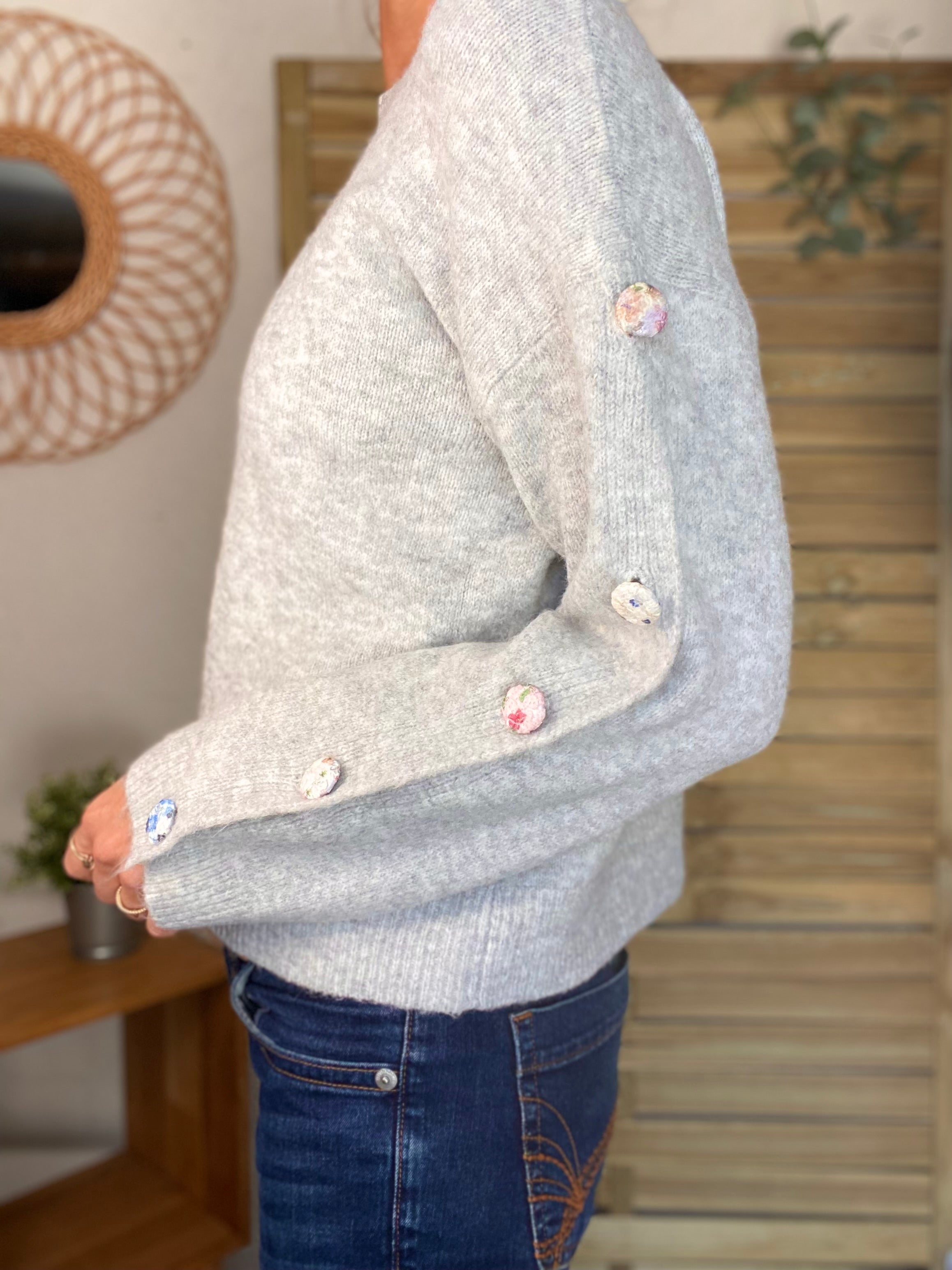 ⚡️ PÉPITES FRIDAY - Pull boutons tissu fleuri - Gris chiné - HAZEL