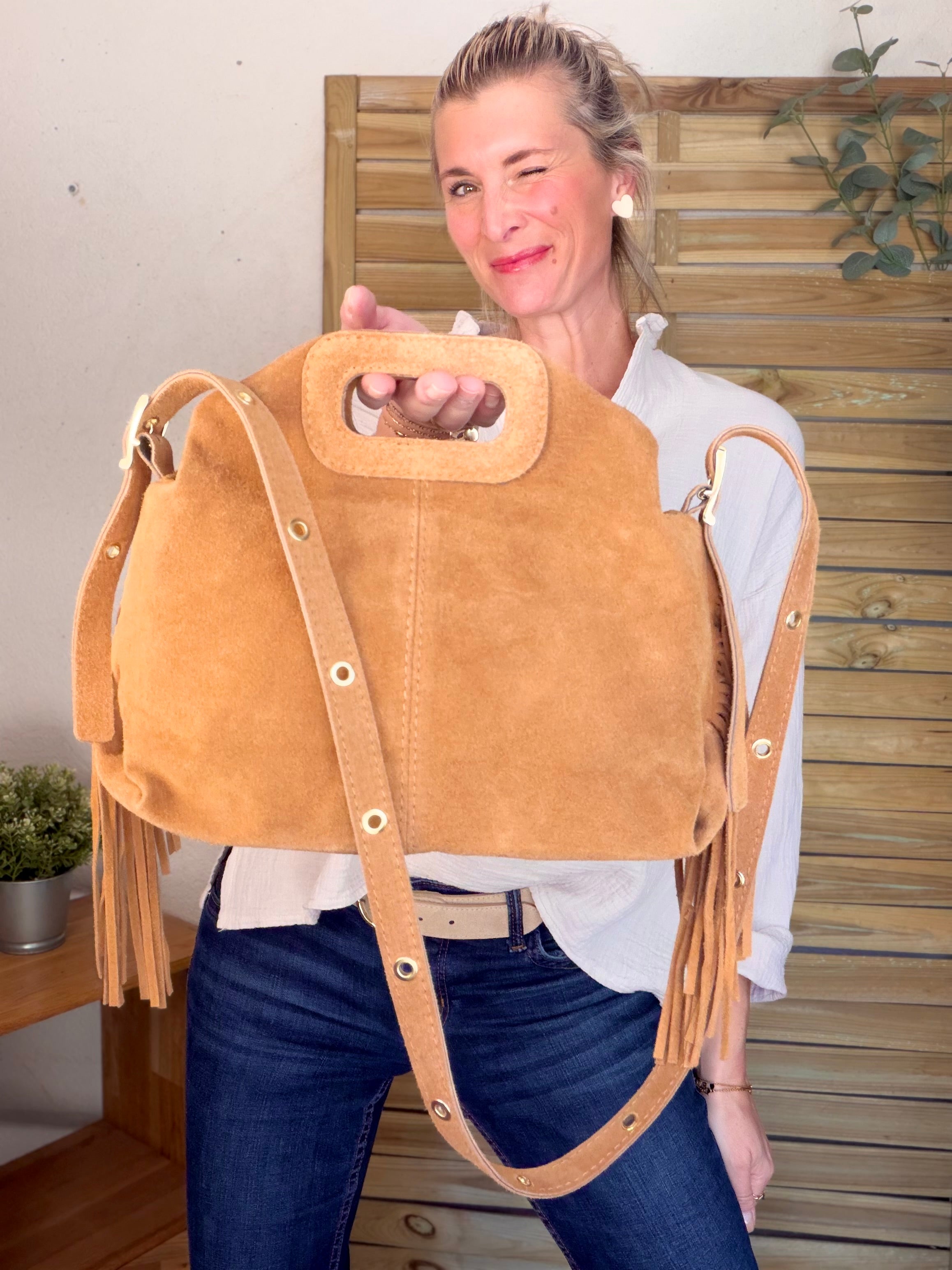 Sac en cuir daim avec franges LOGAN - Camel