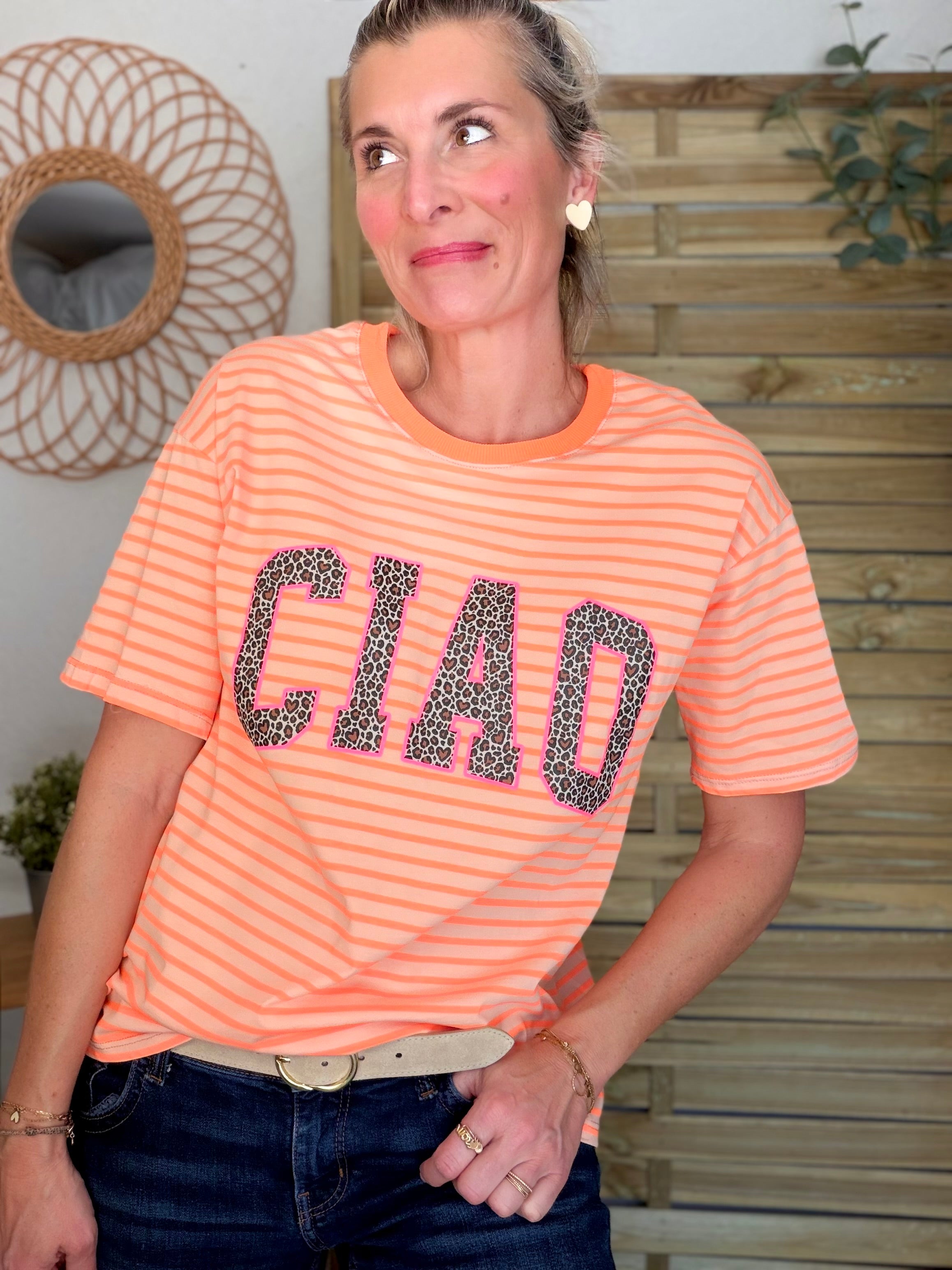 Tee shirt rayé CIAO Léo Orange fluo
