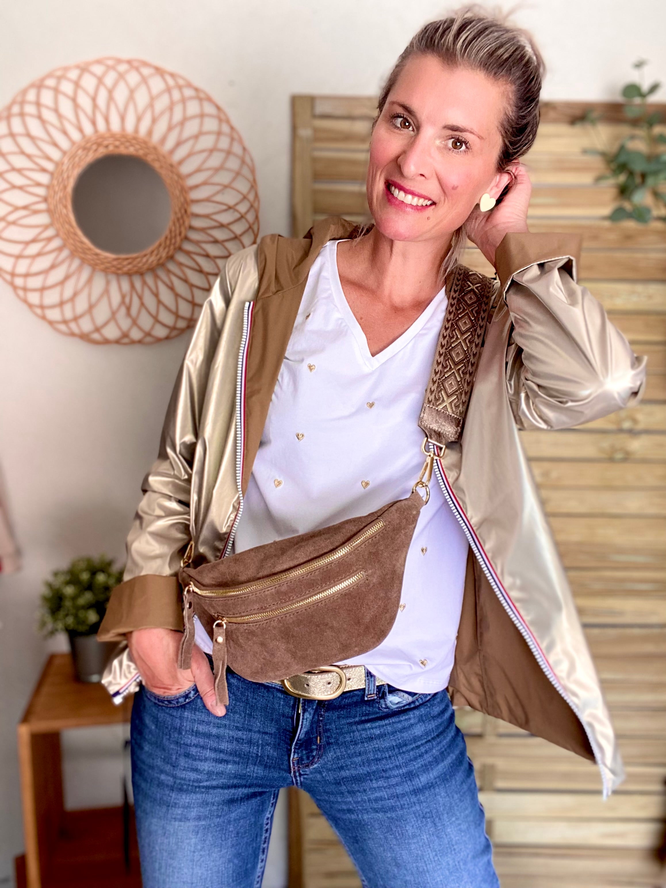 Sac banane avec poche avant, en cuir daim HOLLY - Beige taupe foncél