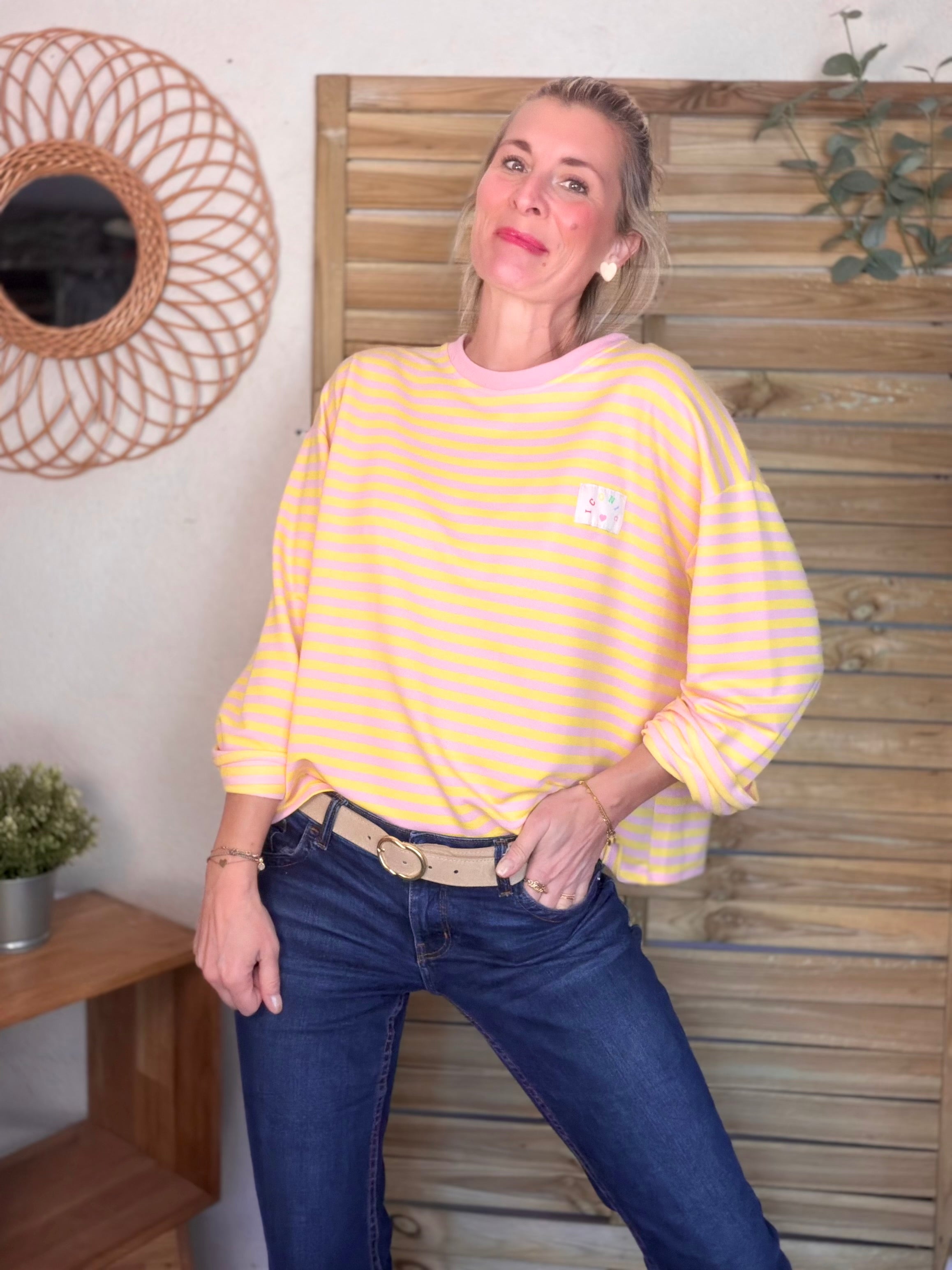 Sweat fin rayé ample Iconic CORALIE - Rose / Jaune