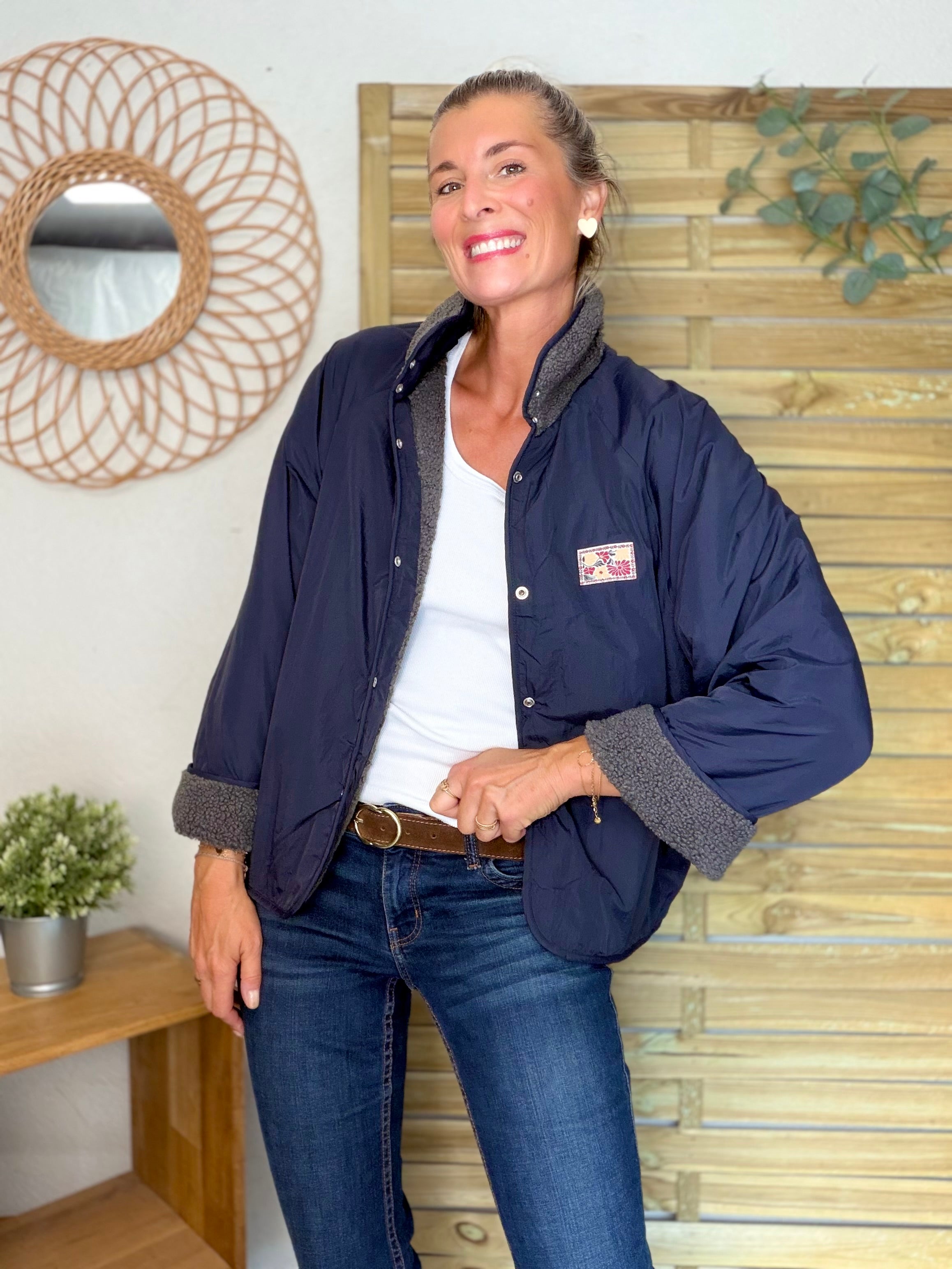 Veste matelassée réversible Sherpa AMÉLIE Bleu marine / Gris