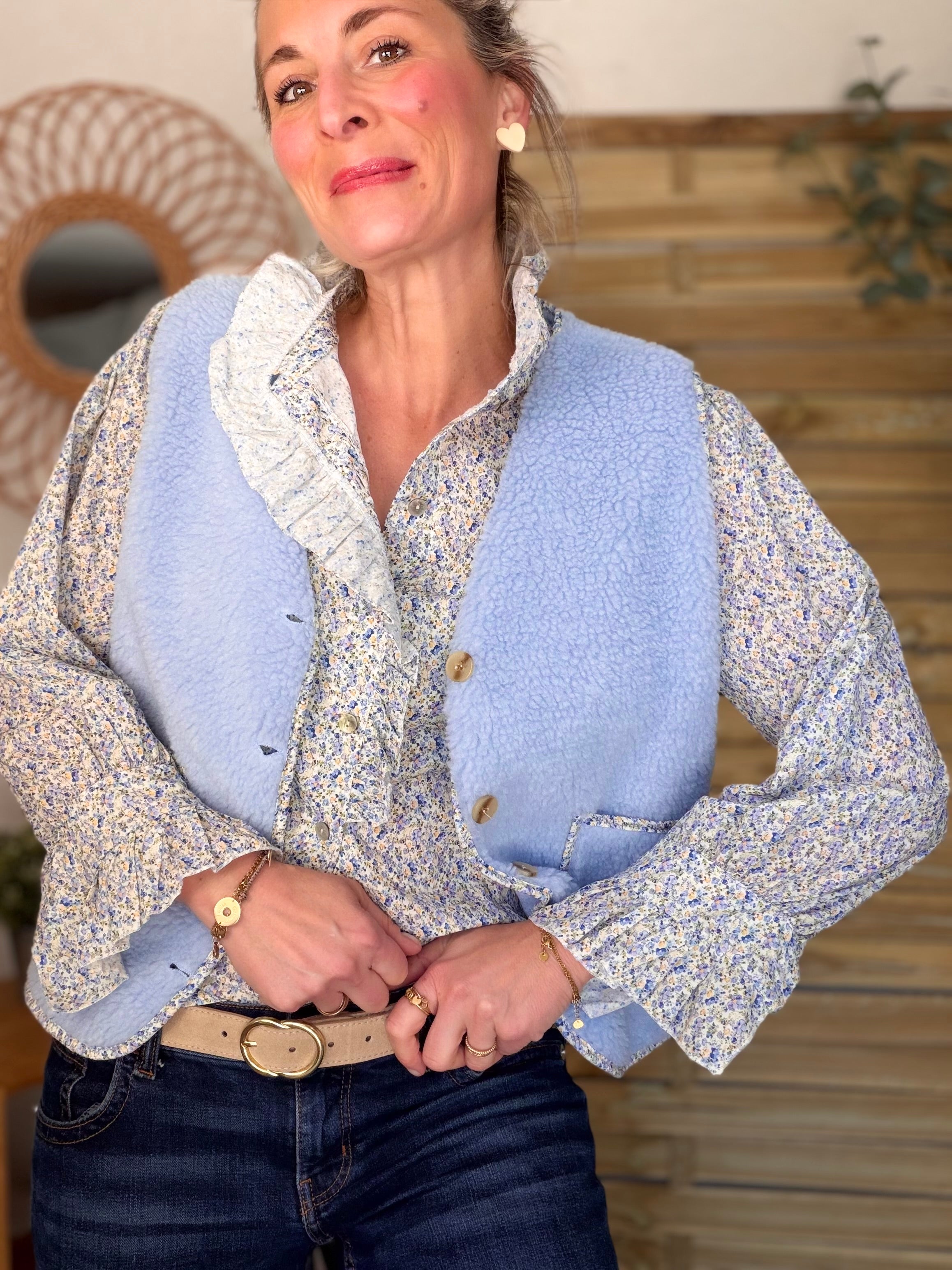 Gilet moumoute sans manche Liberty MARTHE Bleu ciel