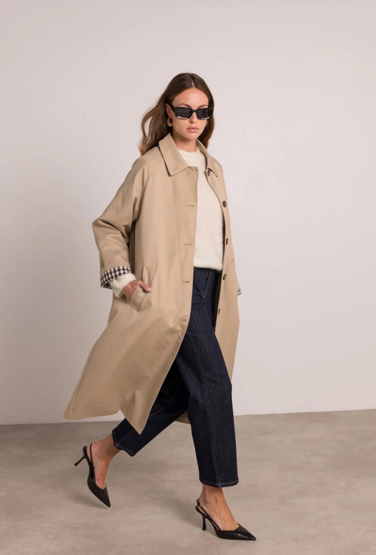 Veste Trench en coton avec vichy - YSEULT long Beige