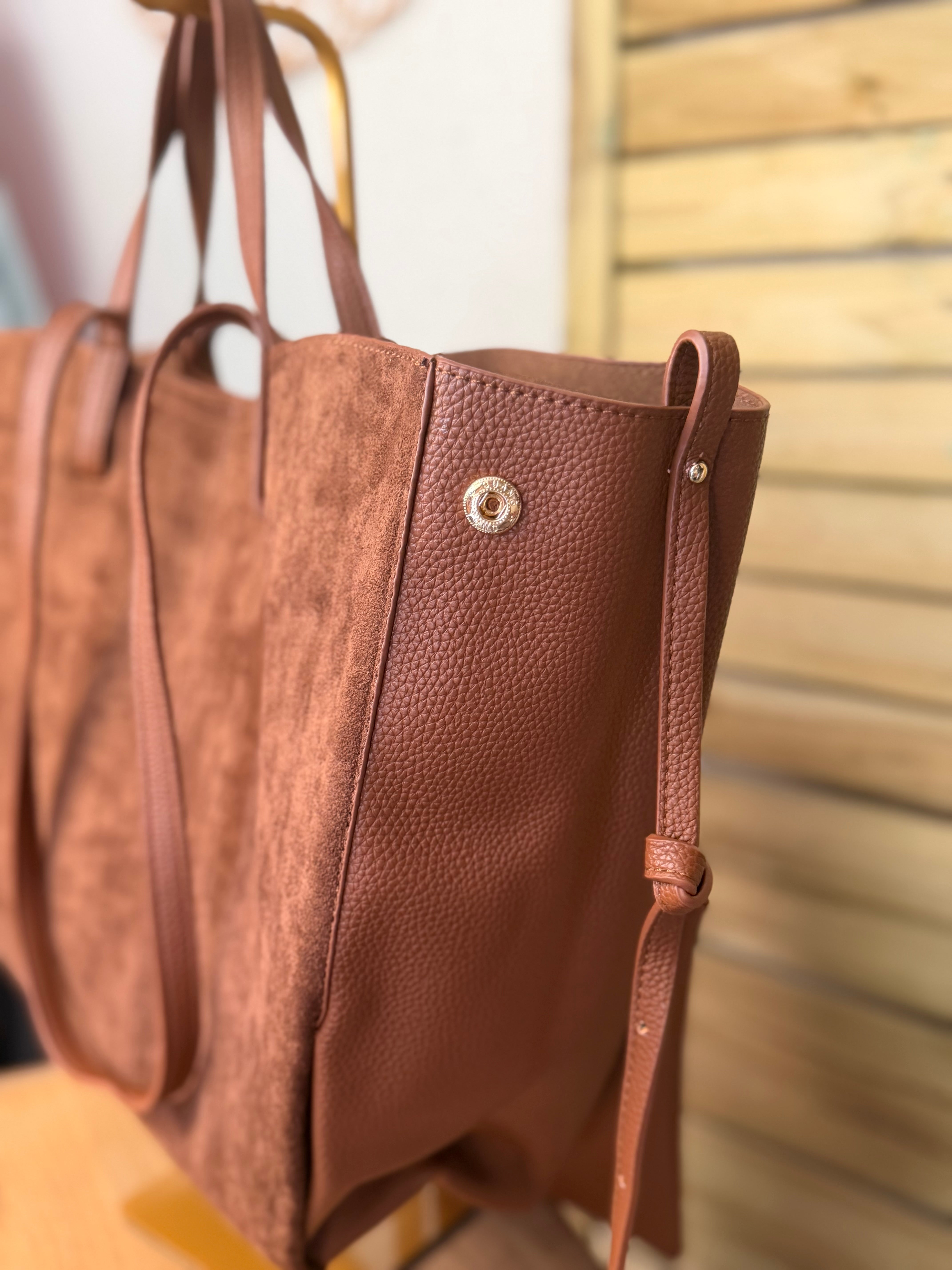 Grand Sac cabas 2 en 1 en simili daim - PAULE Camel
