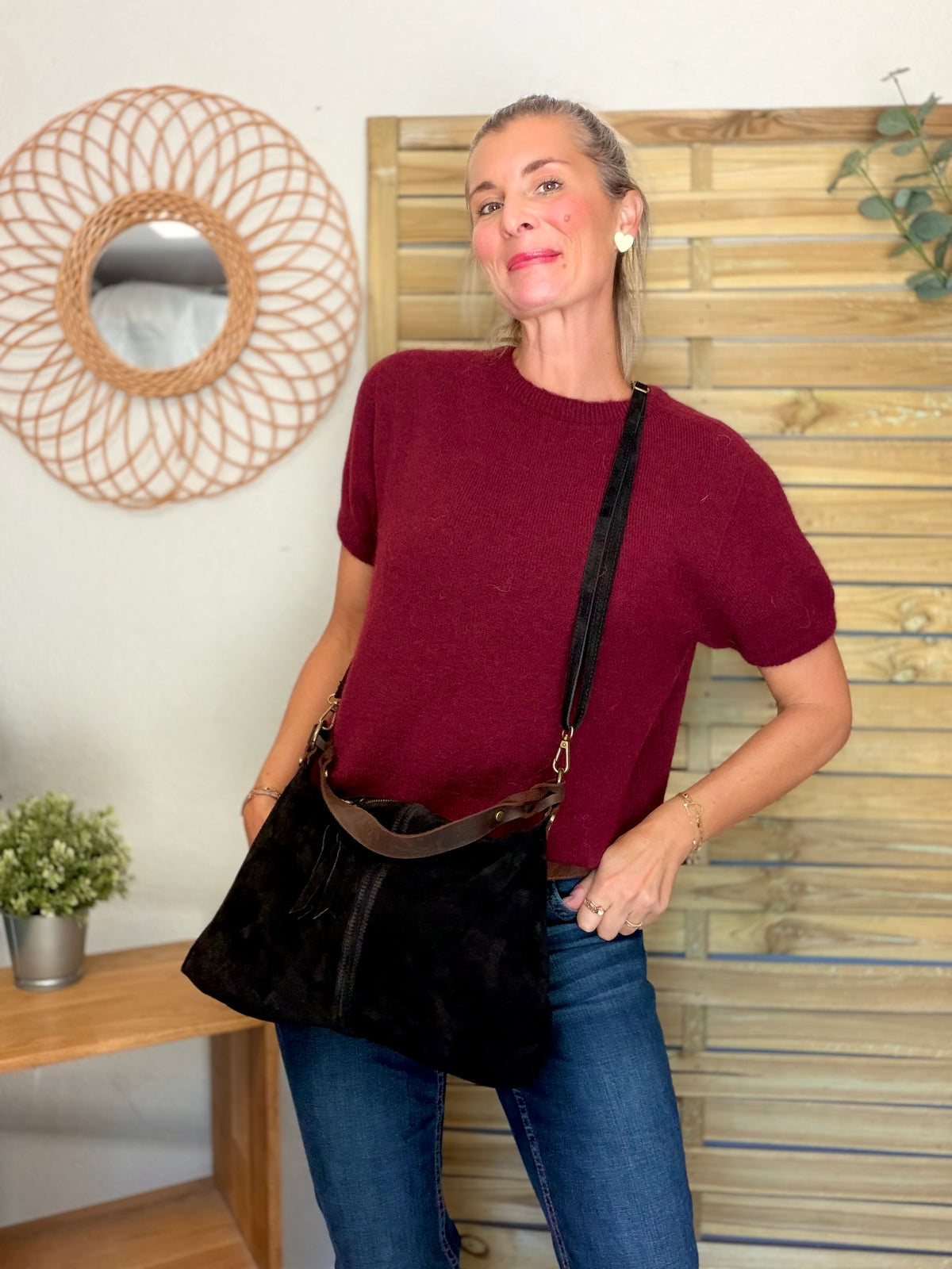 Sac hobo en cuir daim souple, double bandoulière ANDREW Noir