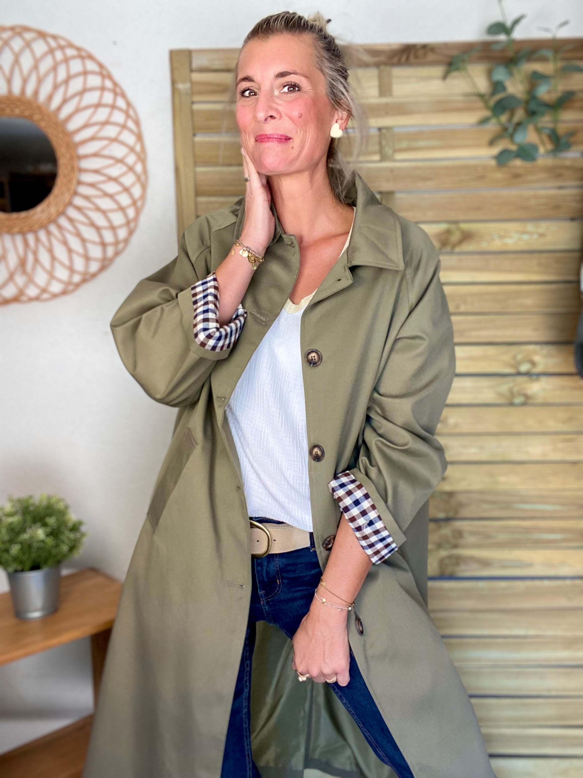 Veste Trench en coton avec vichy - YSEULT long Kaki