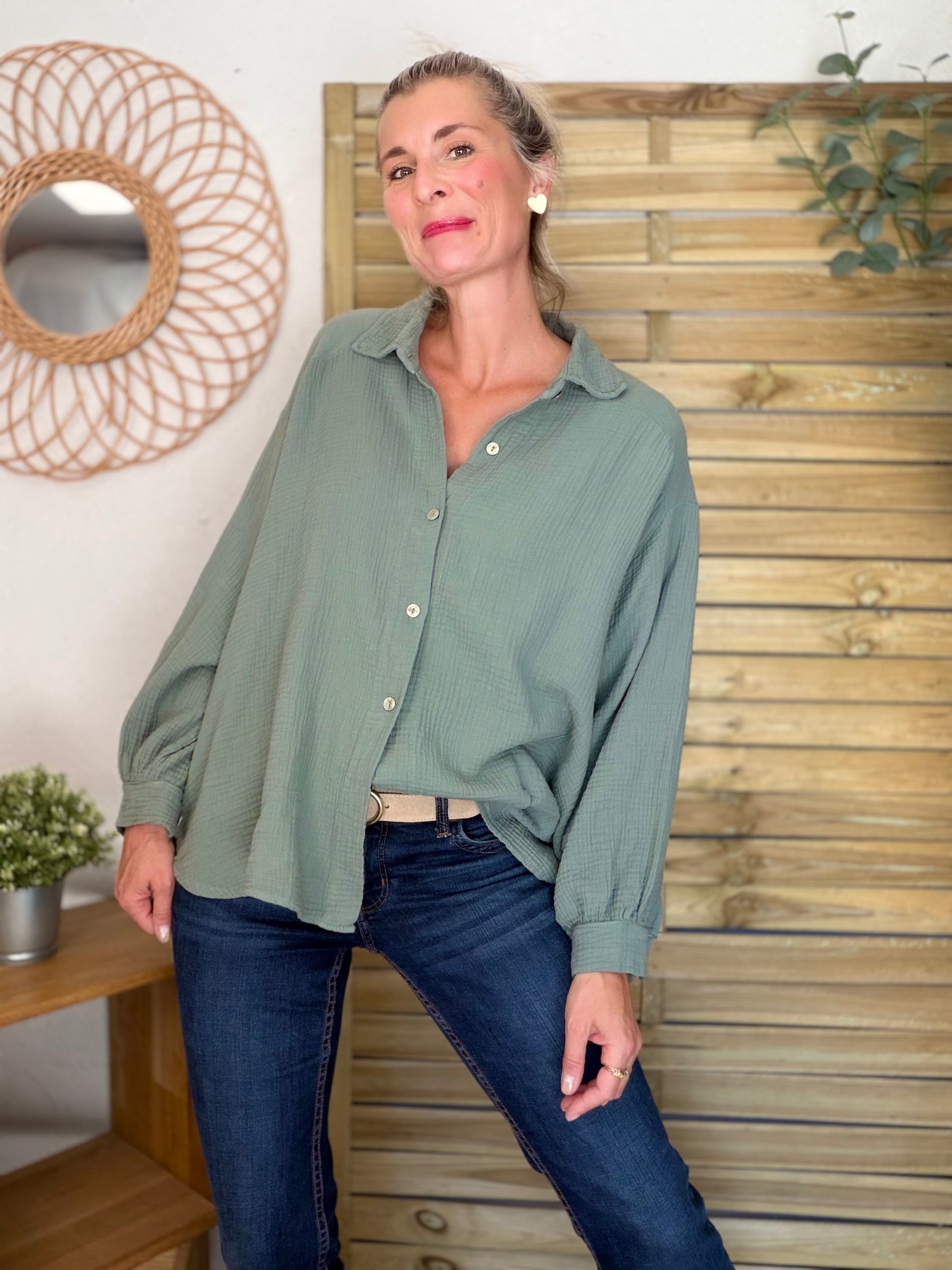 Chemise en gaze de coton unie FÉLICIA Kaki