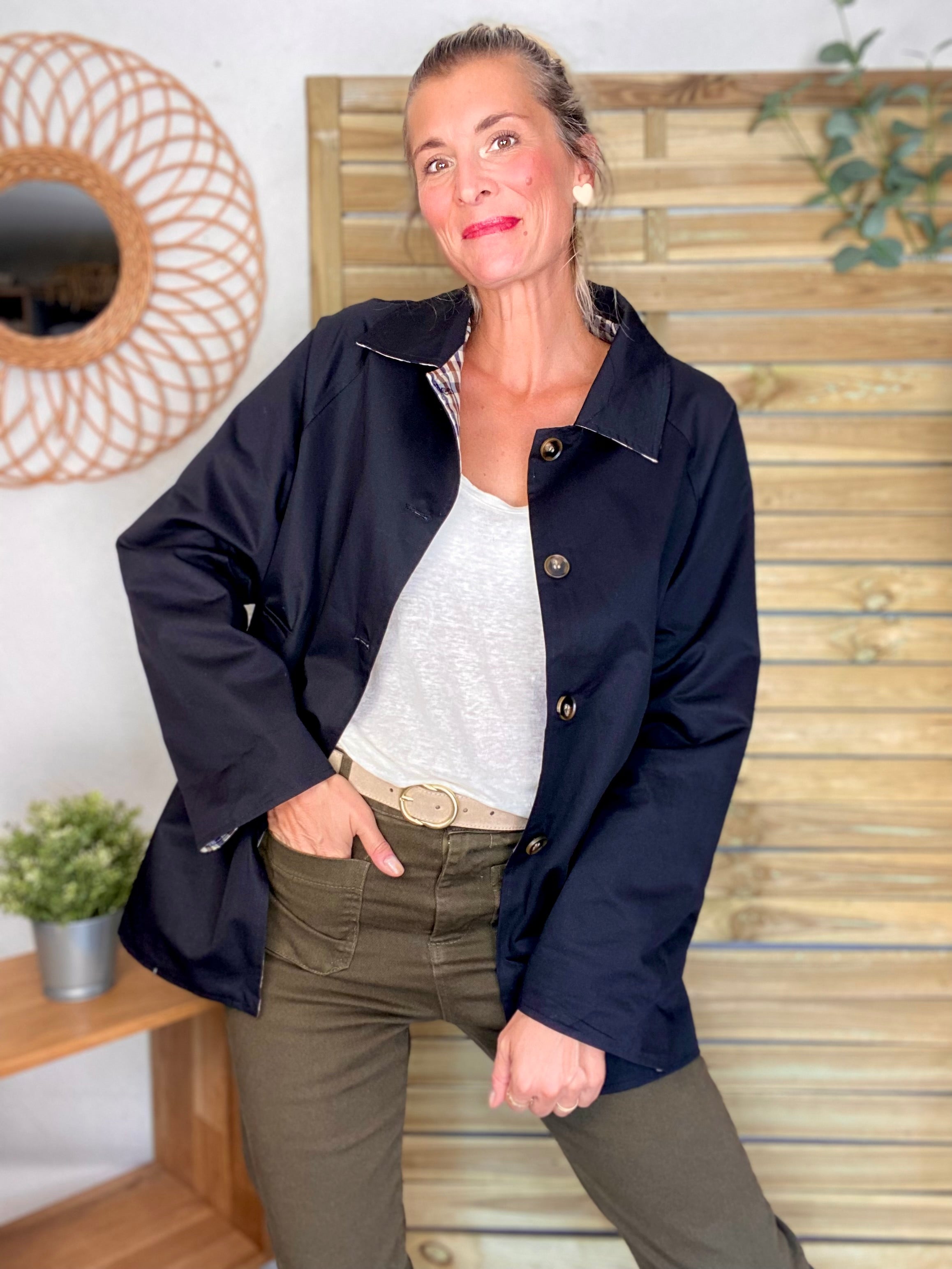 Veste Trench mi long réversible vichy LENA - Noir