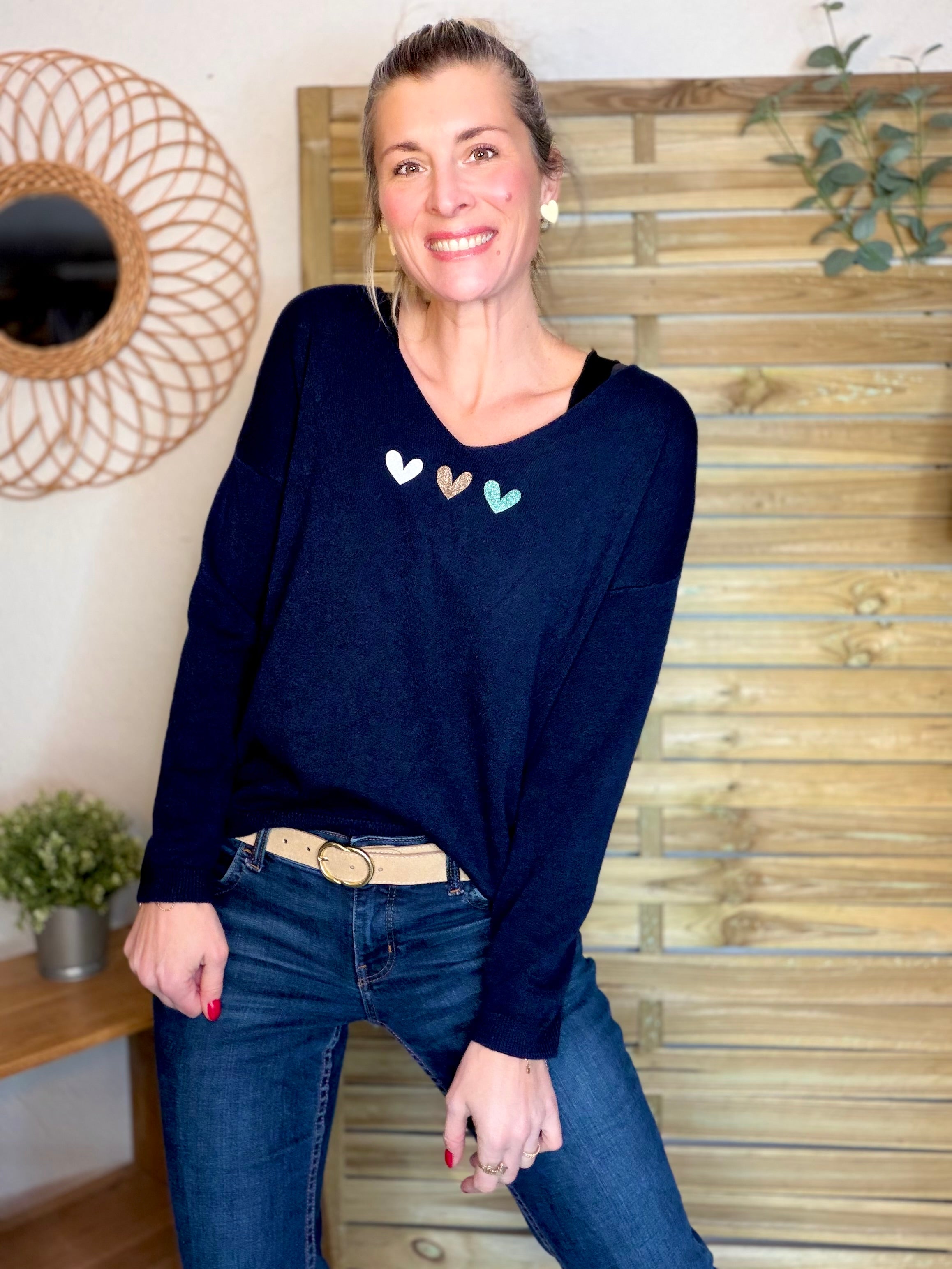 Pull fin 3 cœurs 💛 BERTILLE - Marine