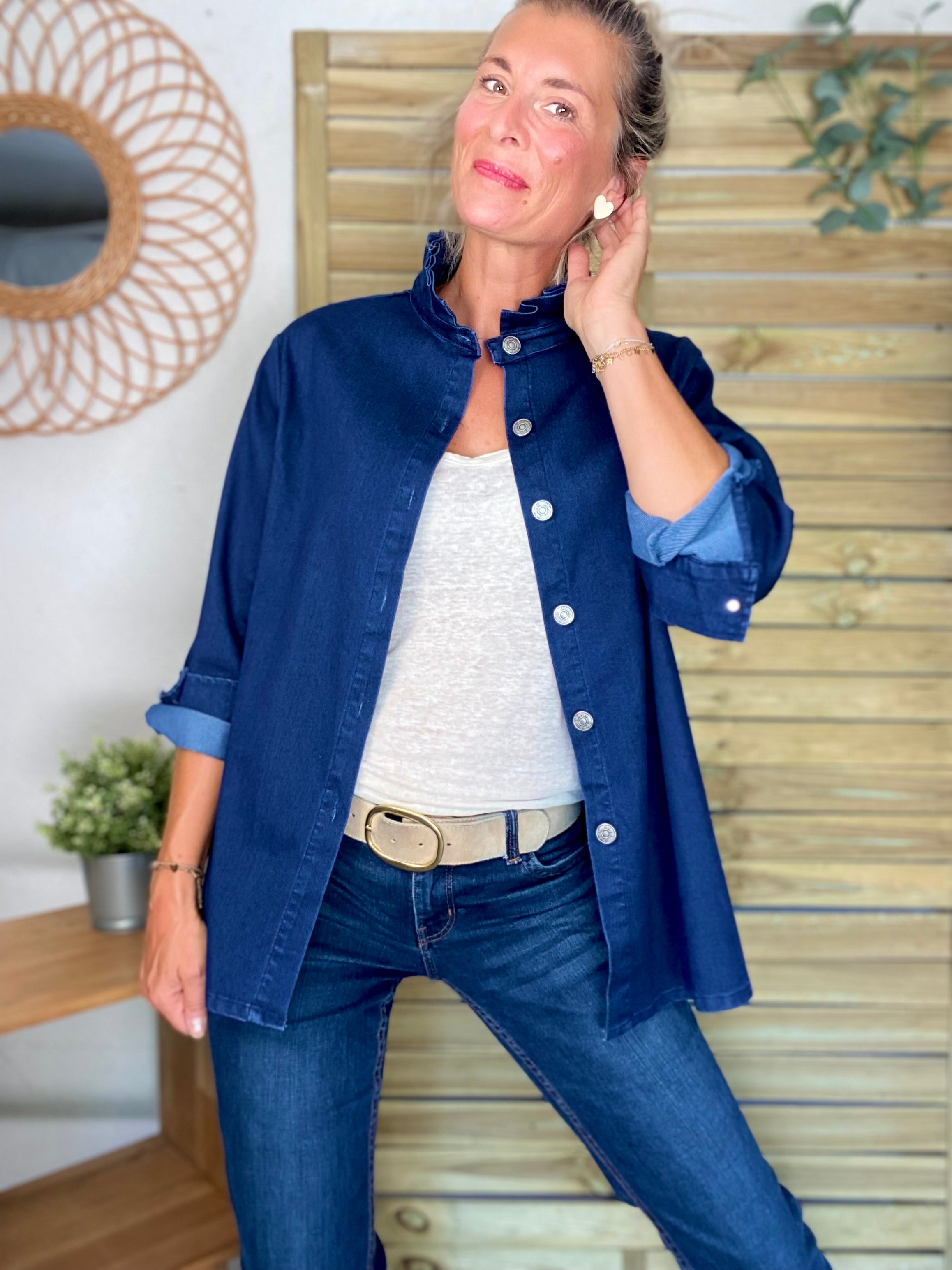 Veste / Chemise en coton, col volanté Bleu Jean LISON