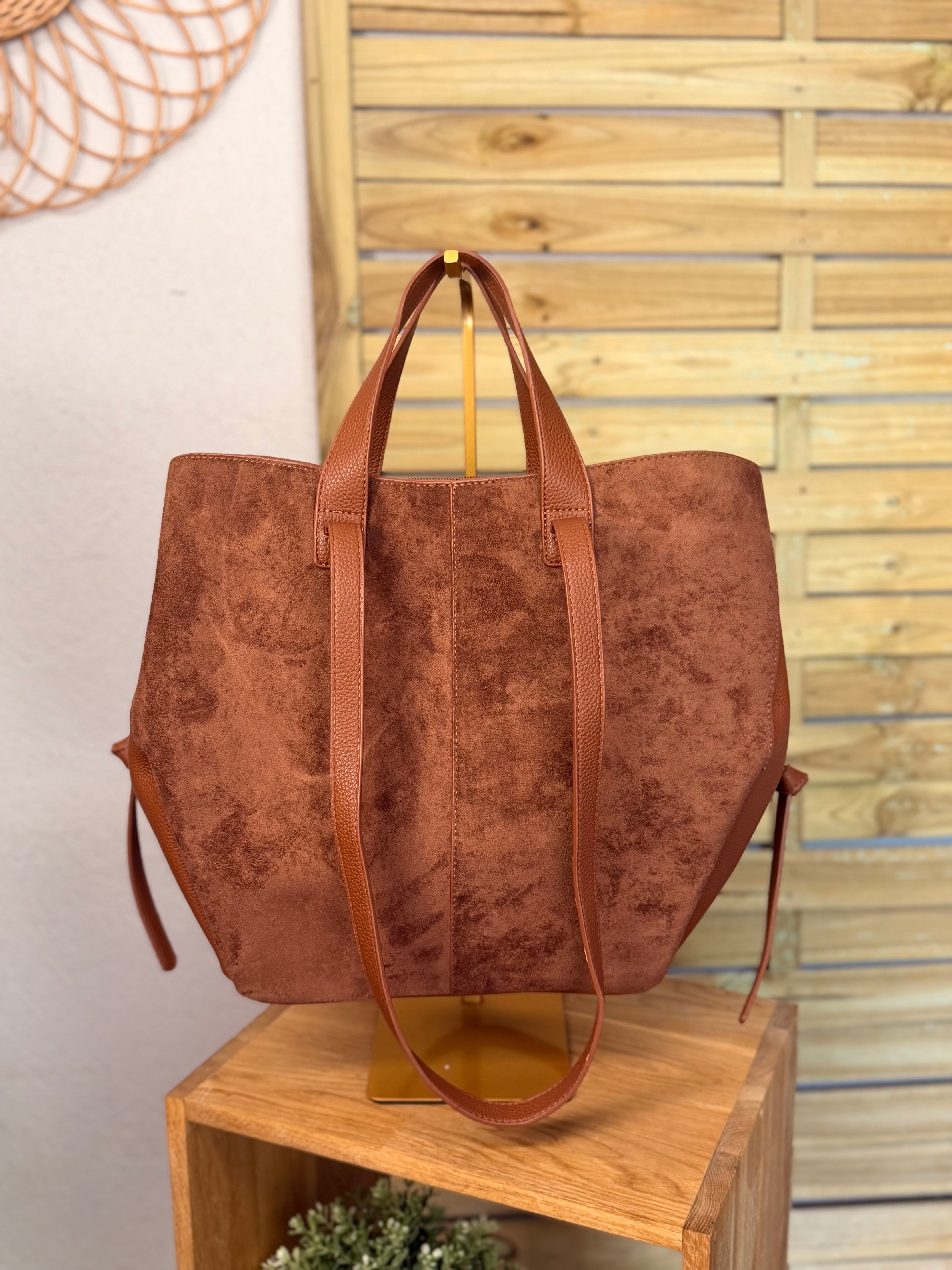 Grand Sac cabas 2 en 1 en simili daim - LAURÈNE Camel